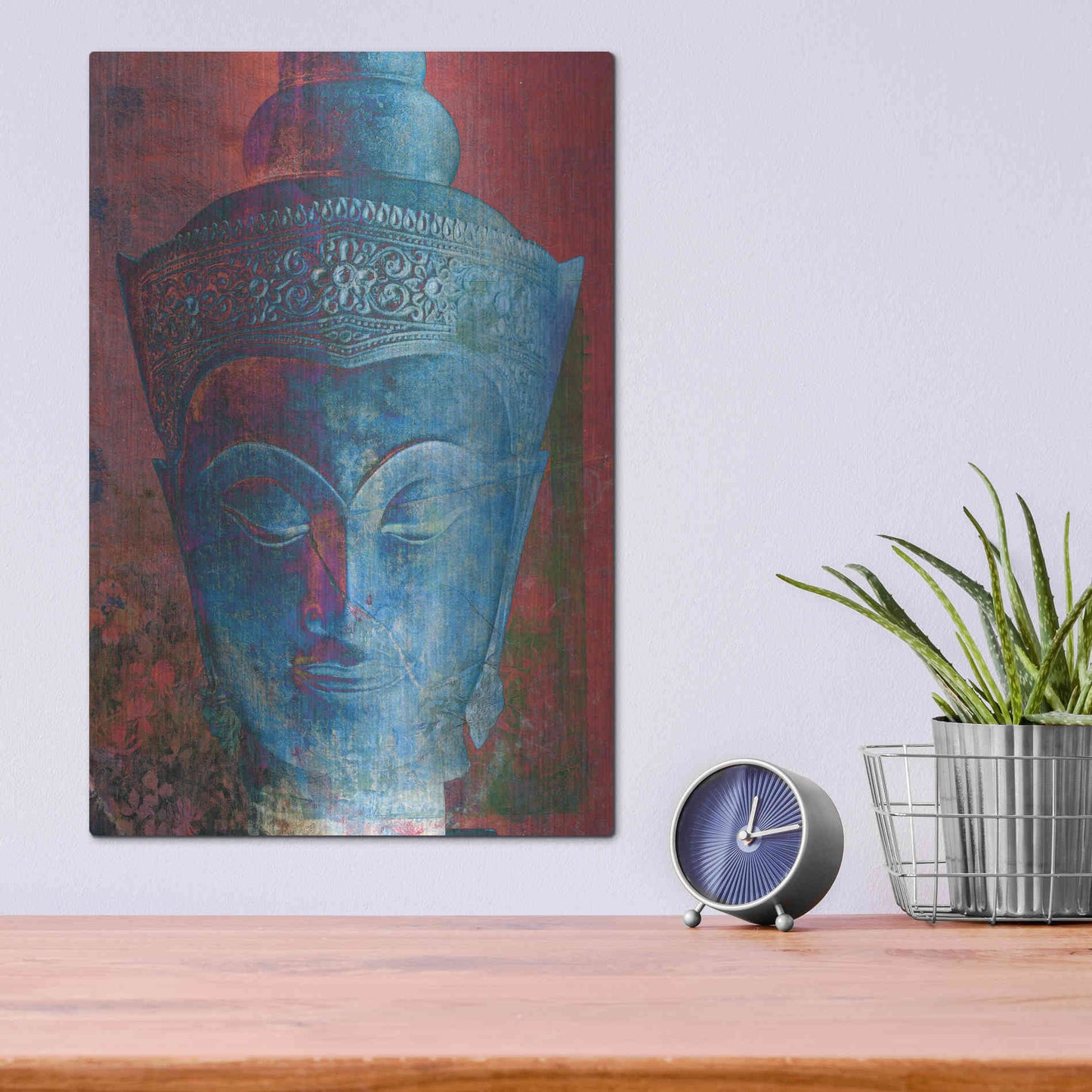 Luxe Metal Art 'Blue Buddha Head' by Elena Ray, Metal Wall Art,12x16