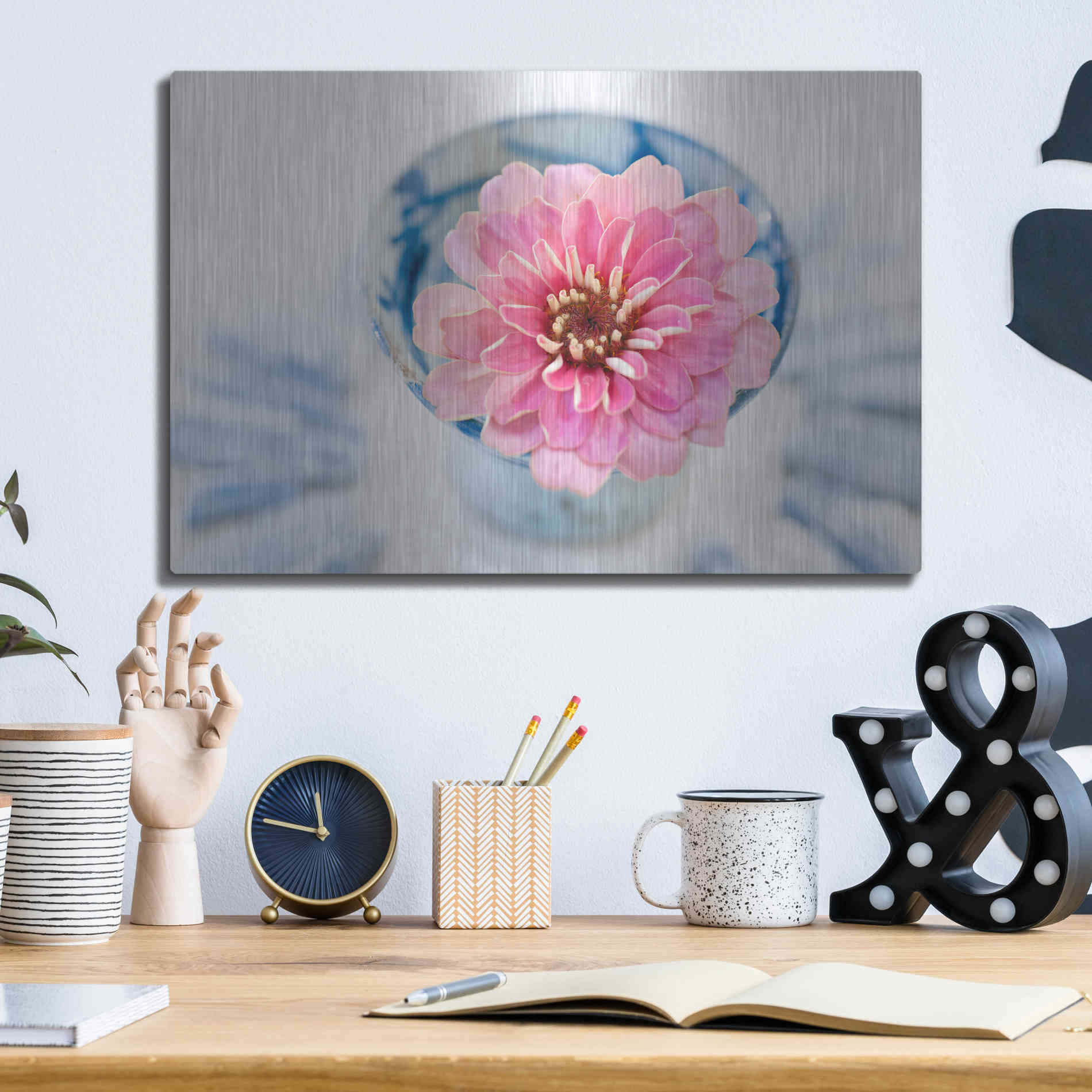 Luxe Metal Art 'Pink Flower in a sake Cup' by Elena Ray, Metal Wall Art,16x12