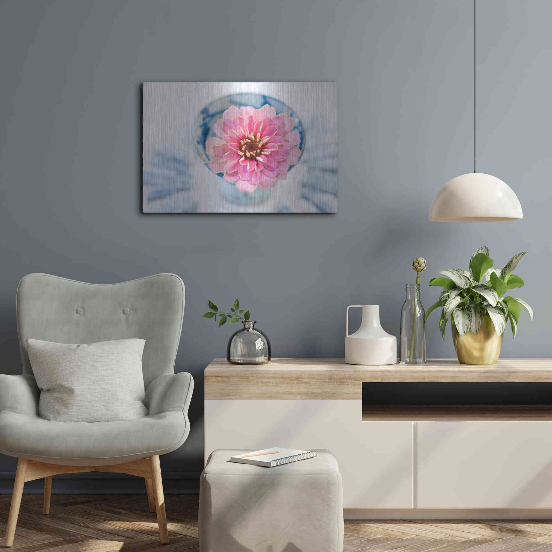 Luxe Metal Art 'Pink Flower in a sake Cup' by Elena Ray, Metal Wall Art,24x16