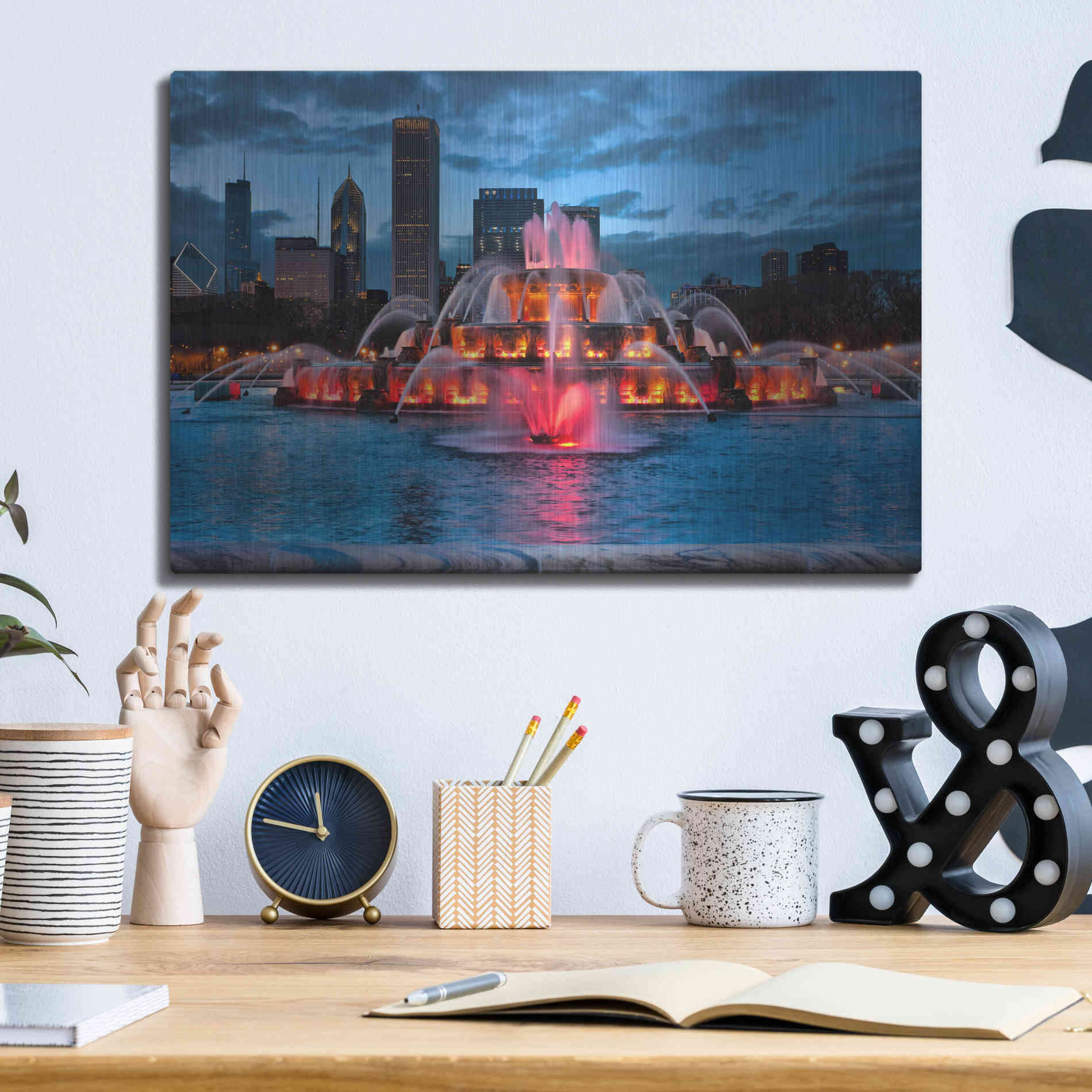 Luxe Metal Art 'Buckingham Fountain Lit,', Metal Wall Art,16x12