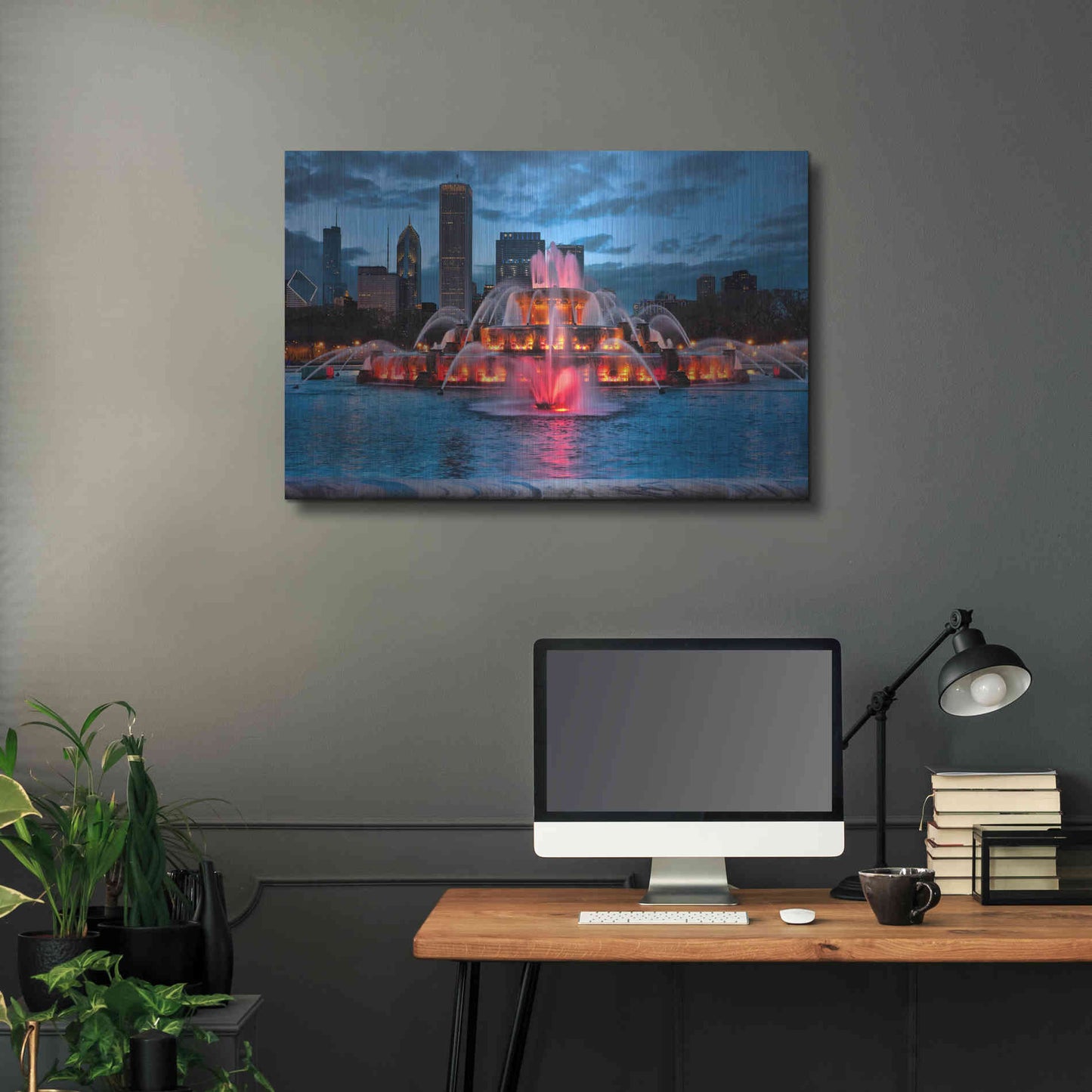 Luxe Metal Art 'Buckingham Fountain Lit,', Metal Wall Art,36x24