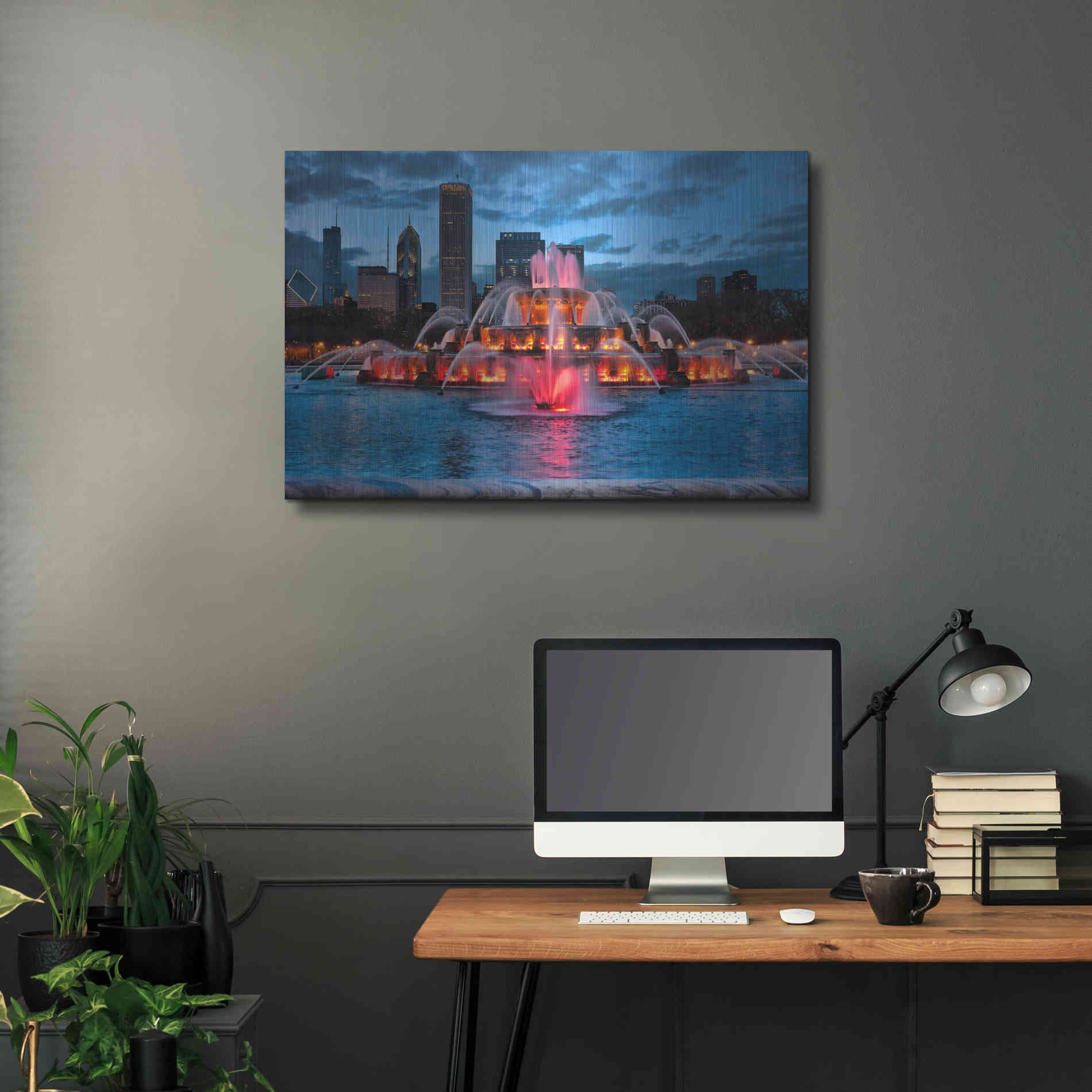 Luxe Metal Art 'Buckingham Fountain Lit,', Metal Wall Art,36x24