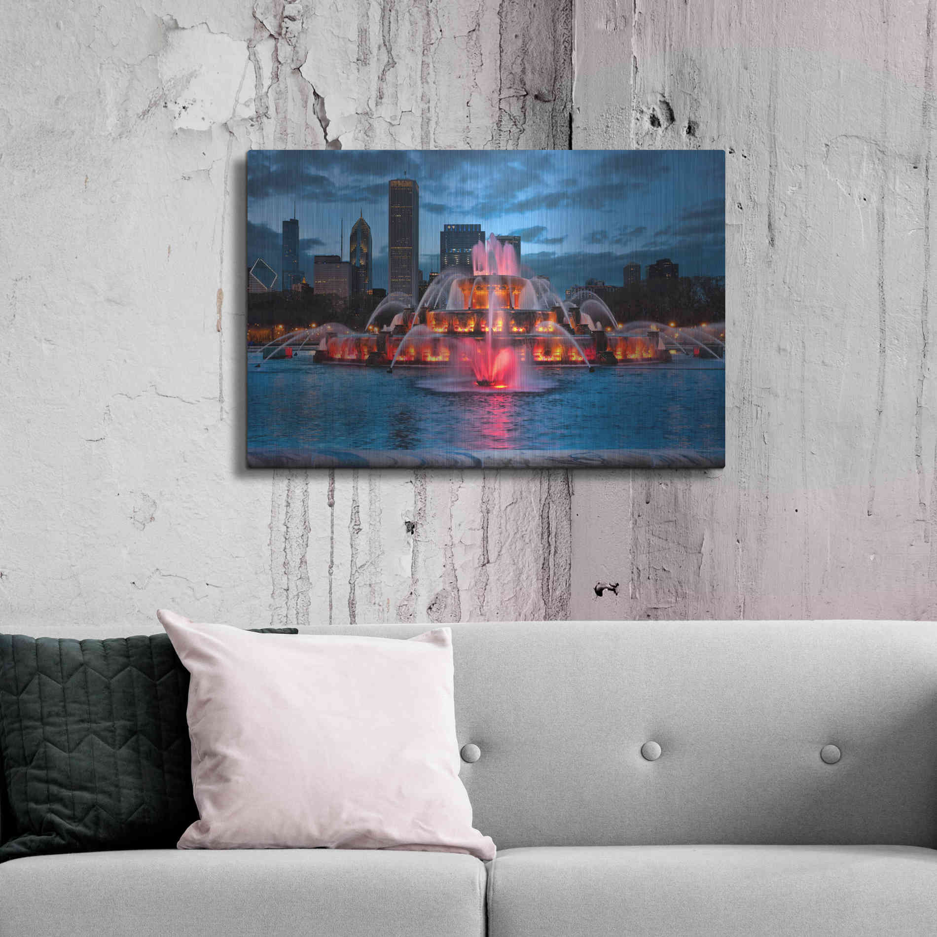 Luxe Metal Art 'Buckingham Fountain Lit,', Metal Wall Art,36x24