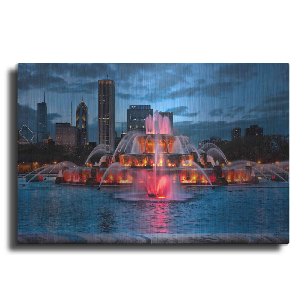 Luxe Metal Art 'Buckingham Fountain Lit,', Metal Wall Art