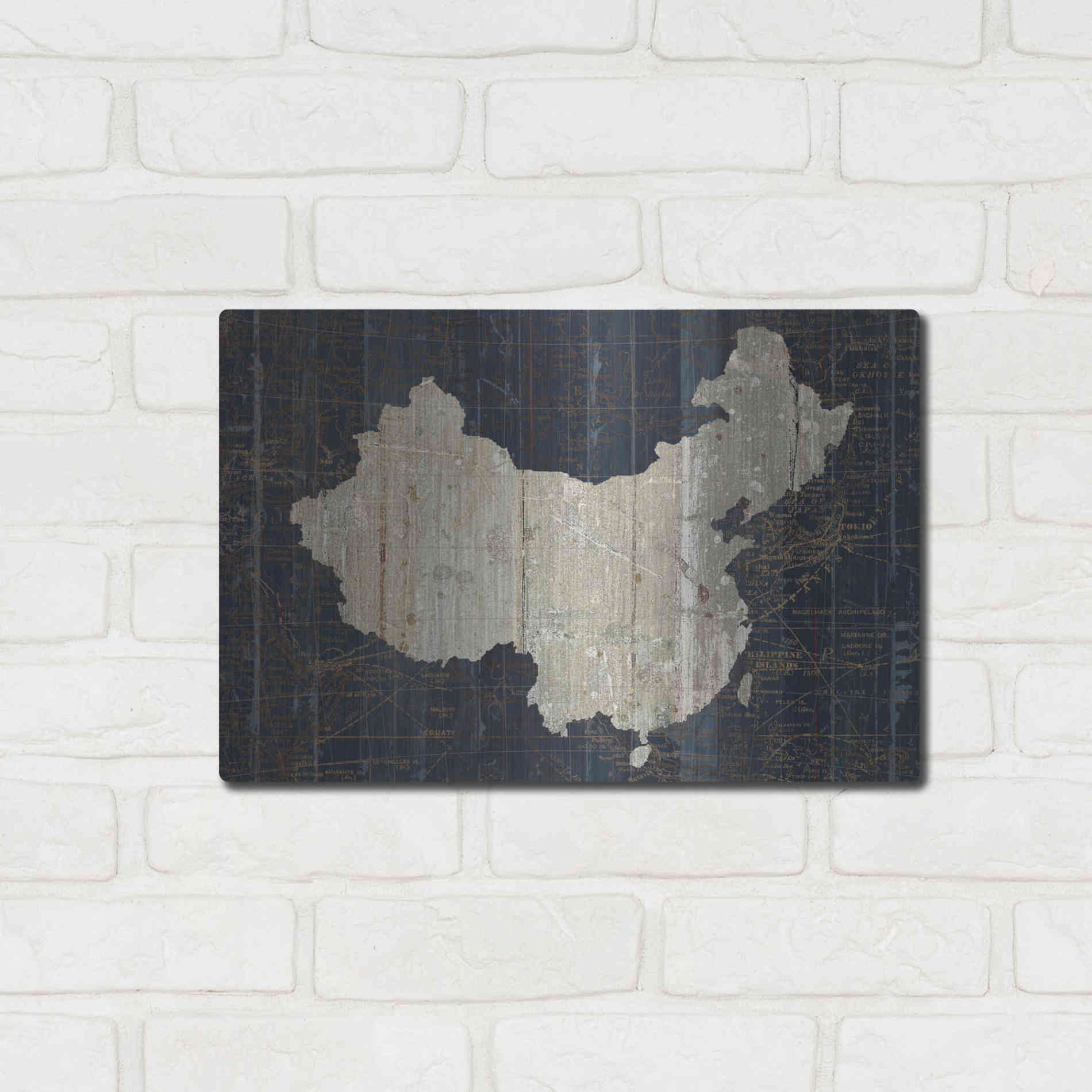Luxe Metal Art 'Old World Map China' by Wild Apple Portfolio, Metal Wall Art,16x12