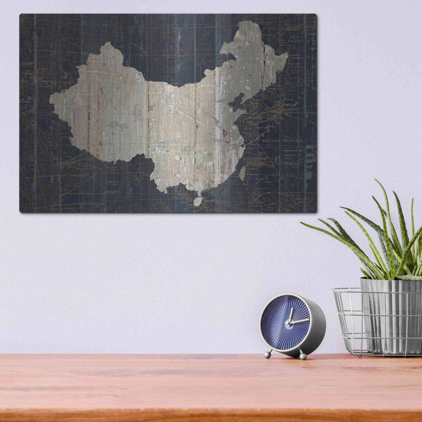 Luxe Metal Art 'Old World Map China' by Wild Apple Portfolio, Metal Wall Art,16x12