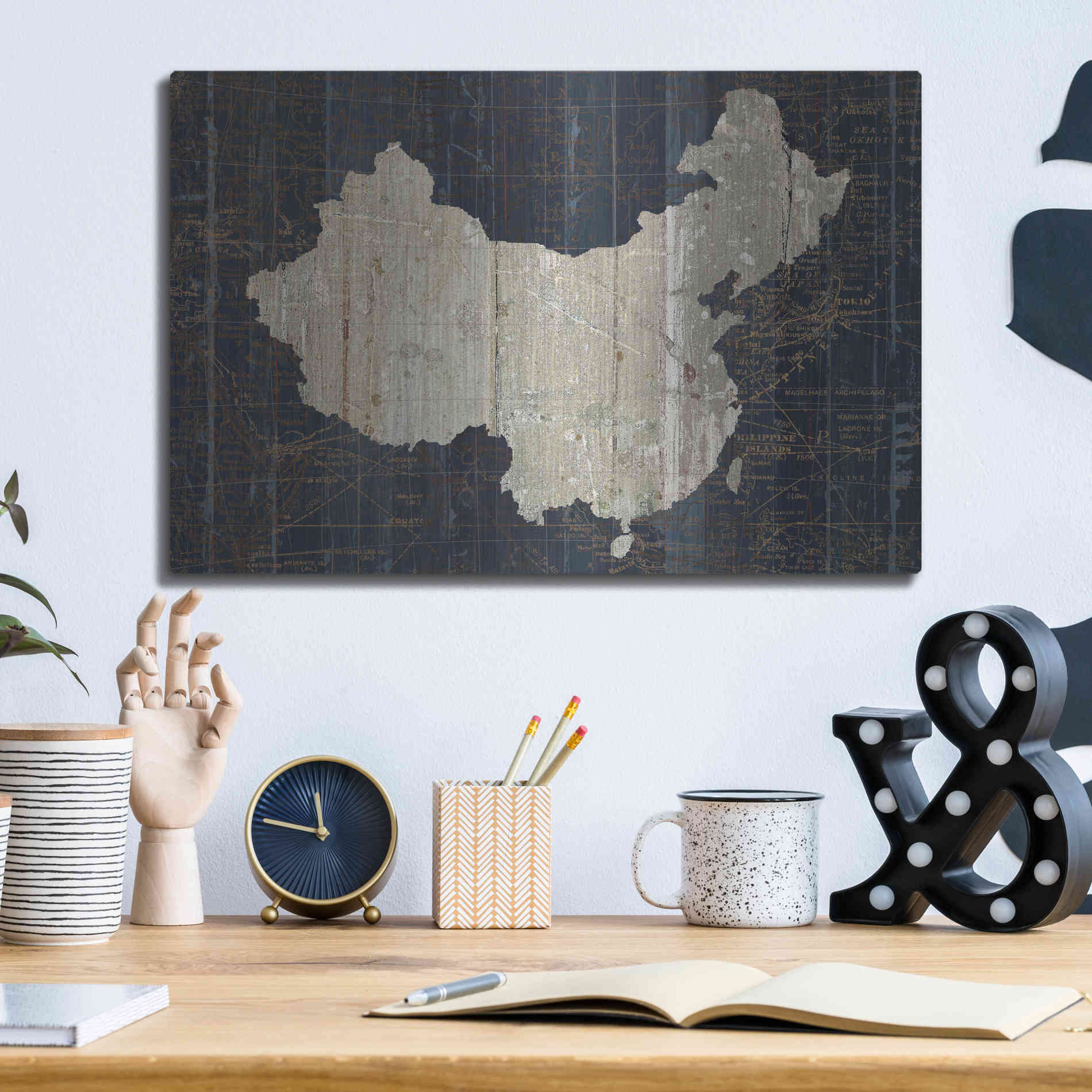 Luxe Metal Art 'Old World Map China' by Wild Apple Portfolio, Metal Wall Art,16x12