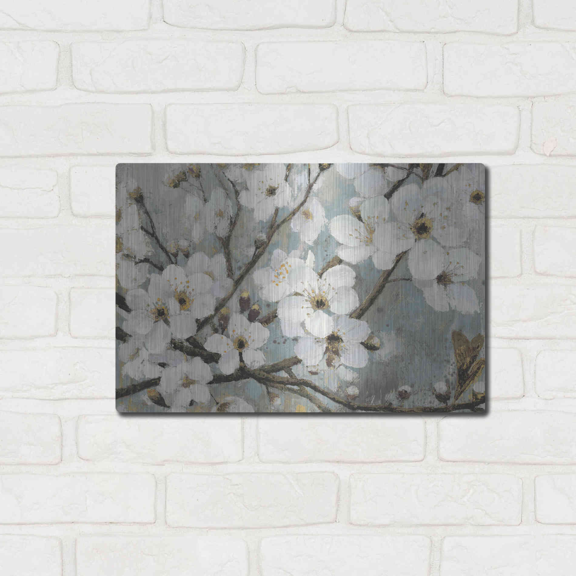 Luxe Metal Art 'Cherry Blossoms I BLUE' by James Wiens, Metal Wall Art,16x12