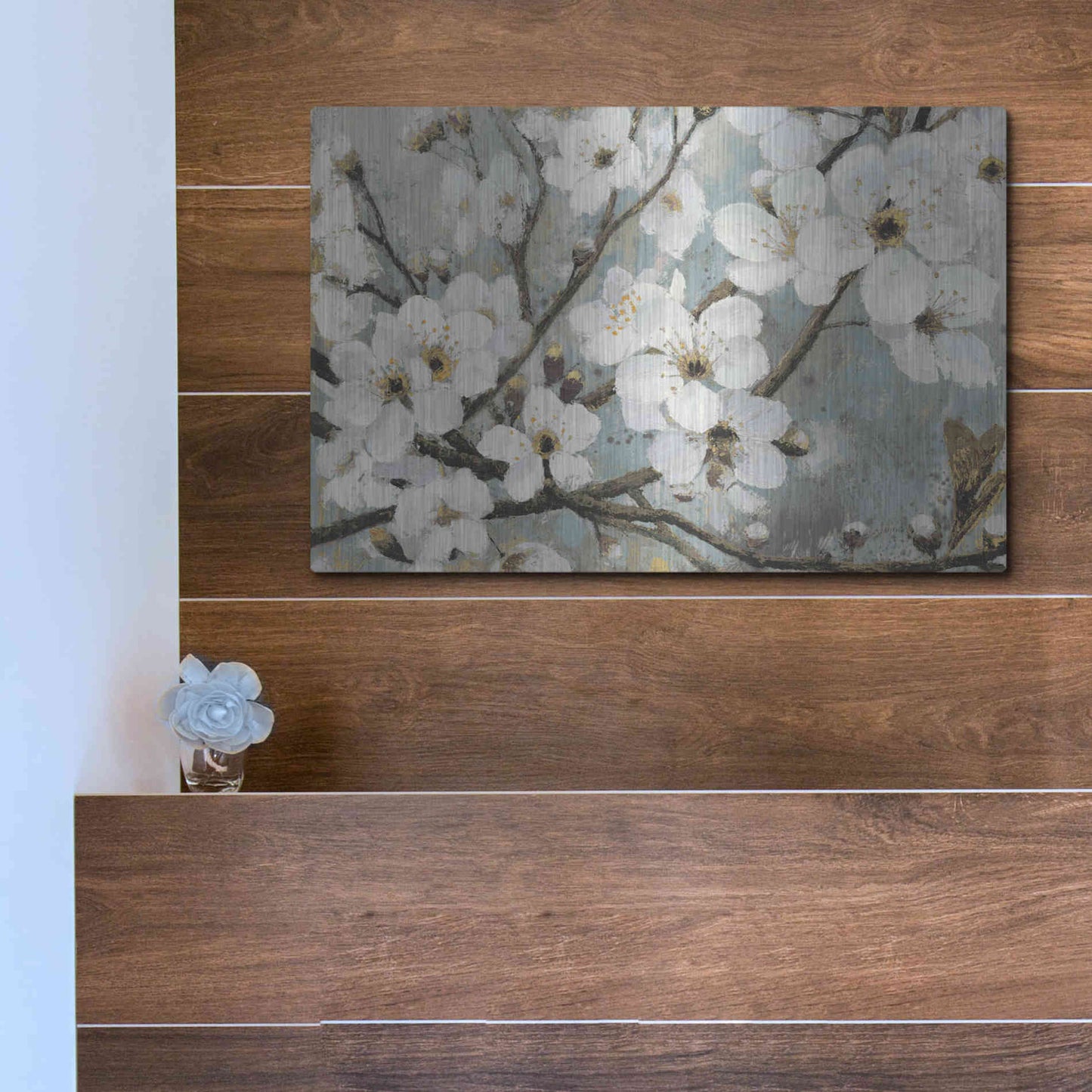 Luxe Metal Art 'Cherry Blossoms I BLUE' by James Wiens, Metal Wall Art,16x12