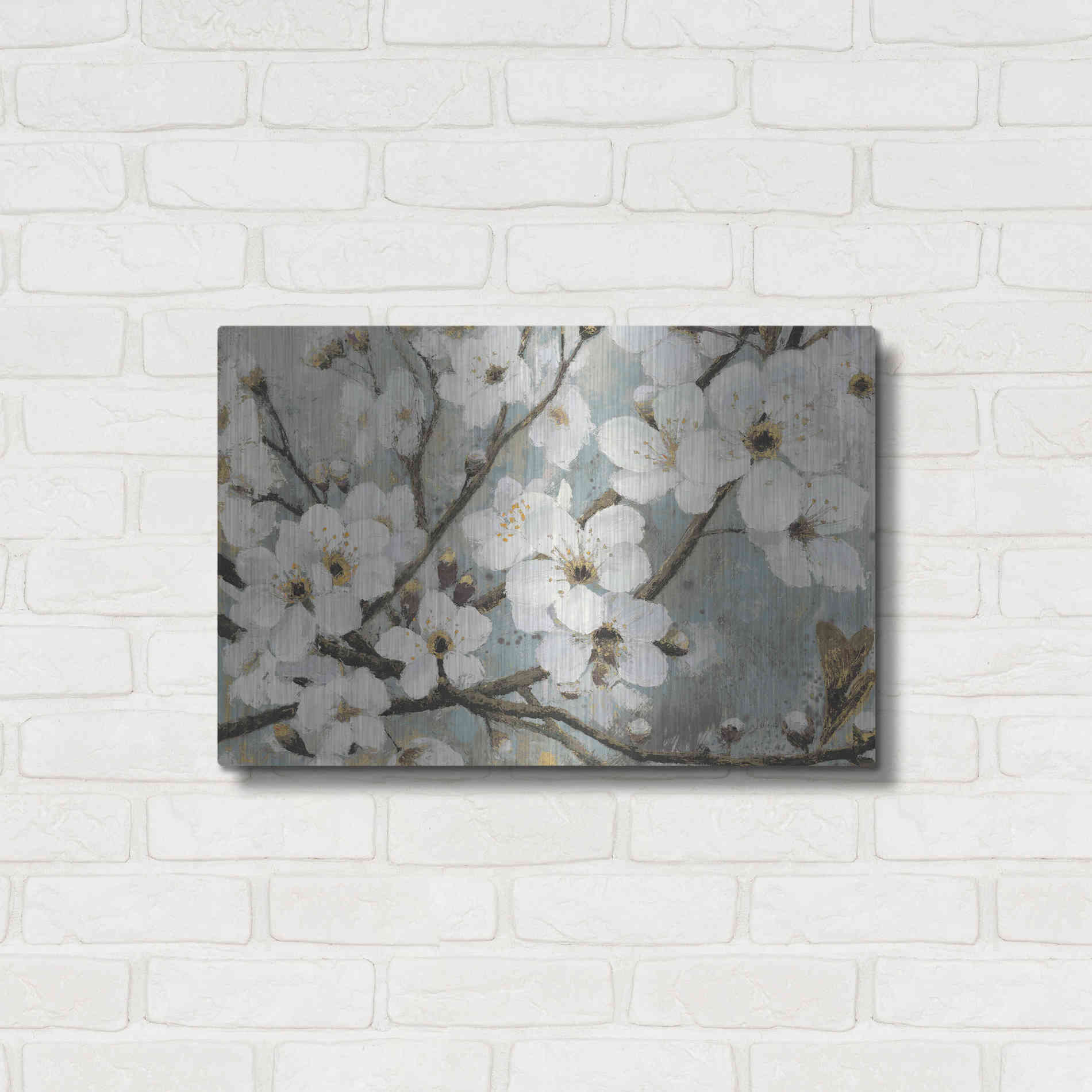 Luxe Metal Art 'Cherry Blossoms I BLUE' by James Wiens, Metal Wall Art,24x16