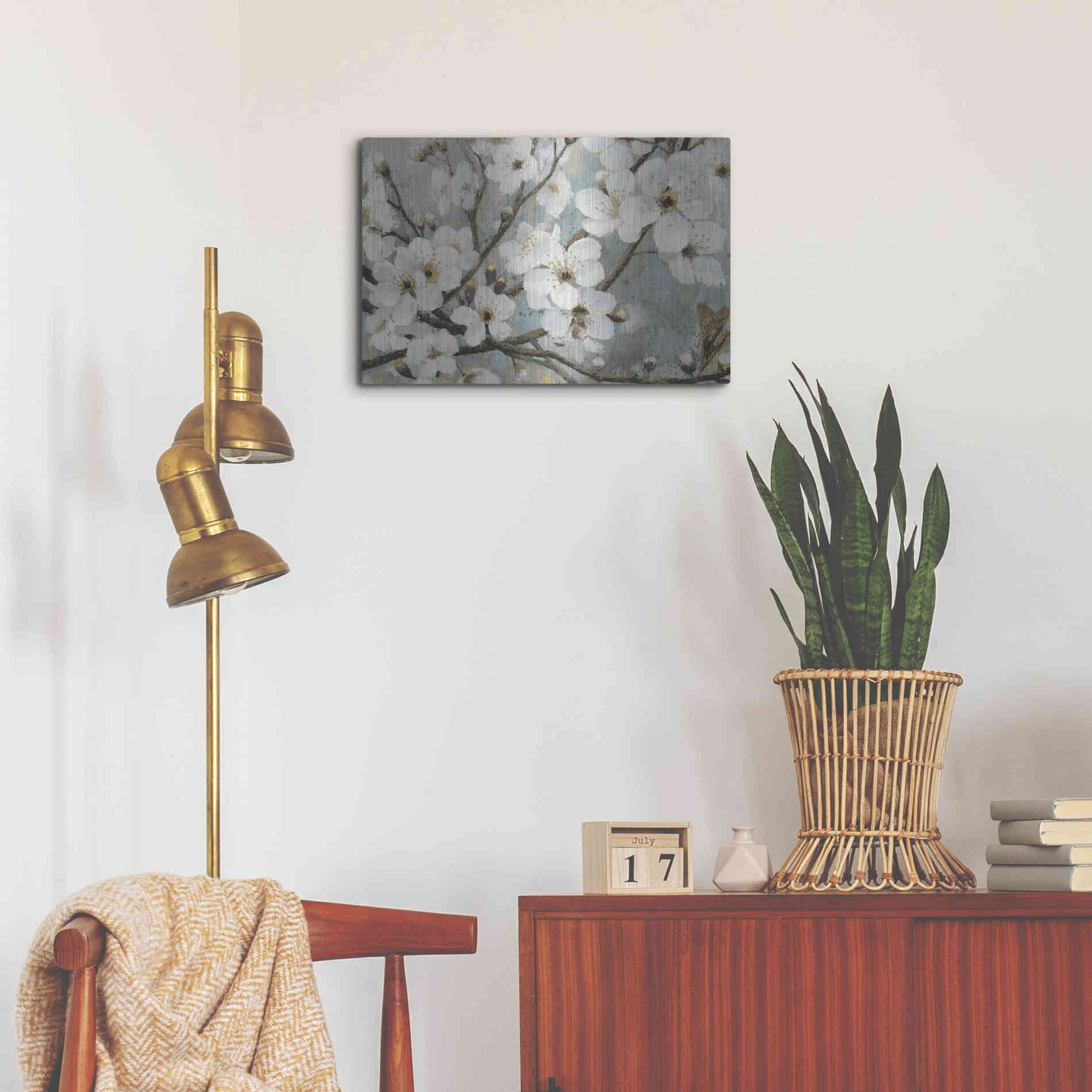 Luxe Metal Art 'Cherry Blossoms I BLUE' by James Wiens, Metal Wall Art,24x16