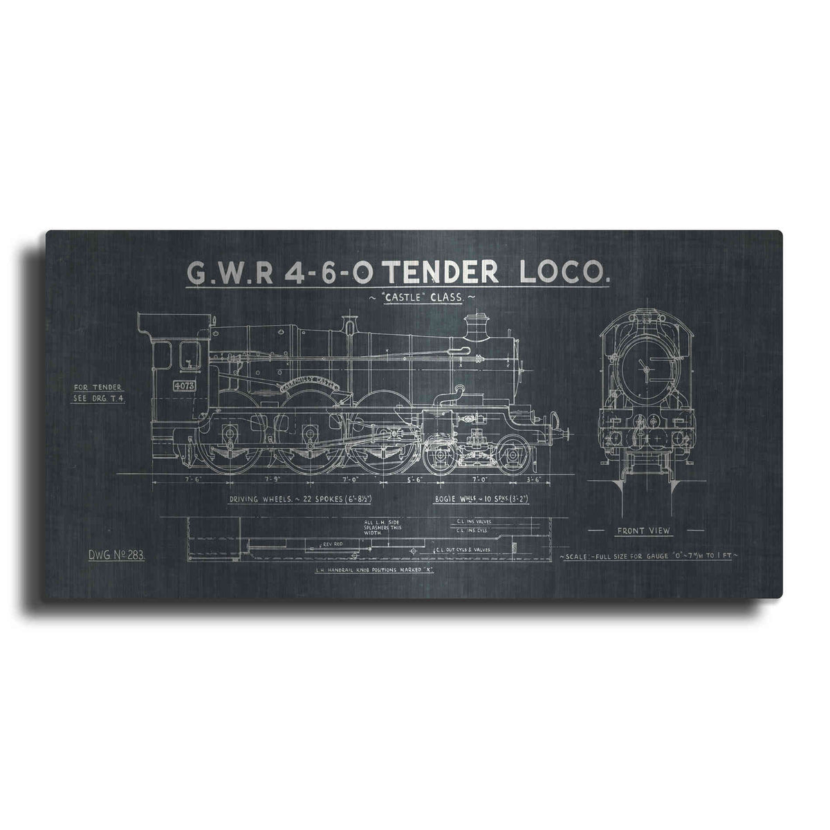 Luxe Metal Art 'Train Blueprint III' by Wild Apple Portfolio, Metal Wall Art,2:1 L
