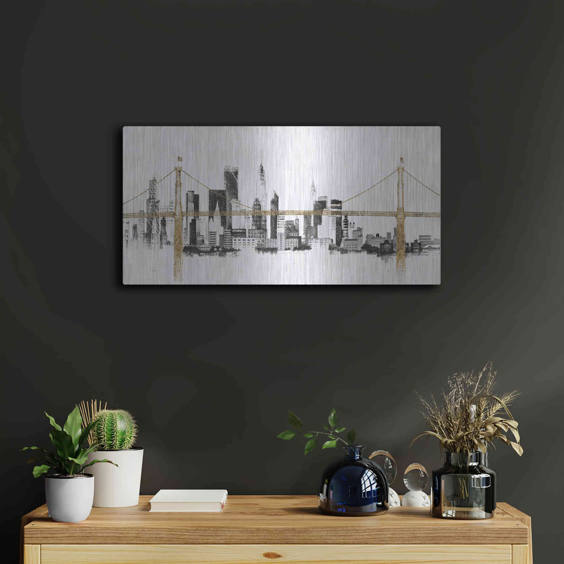 Luxe Metal Art 'Bridge And Skyline' by Avery Tillmon, Metal Wall Art,24x12