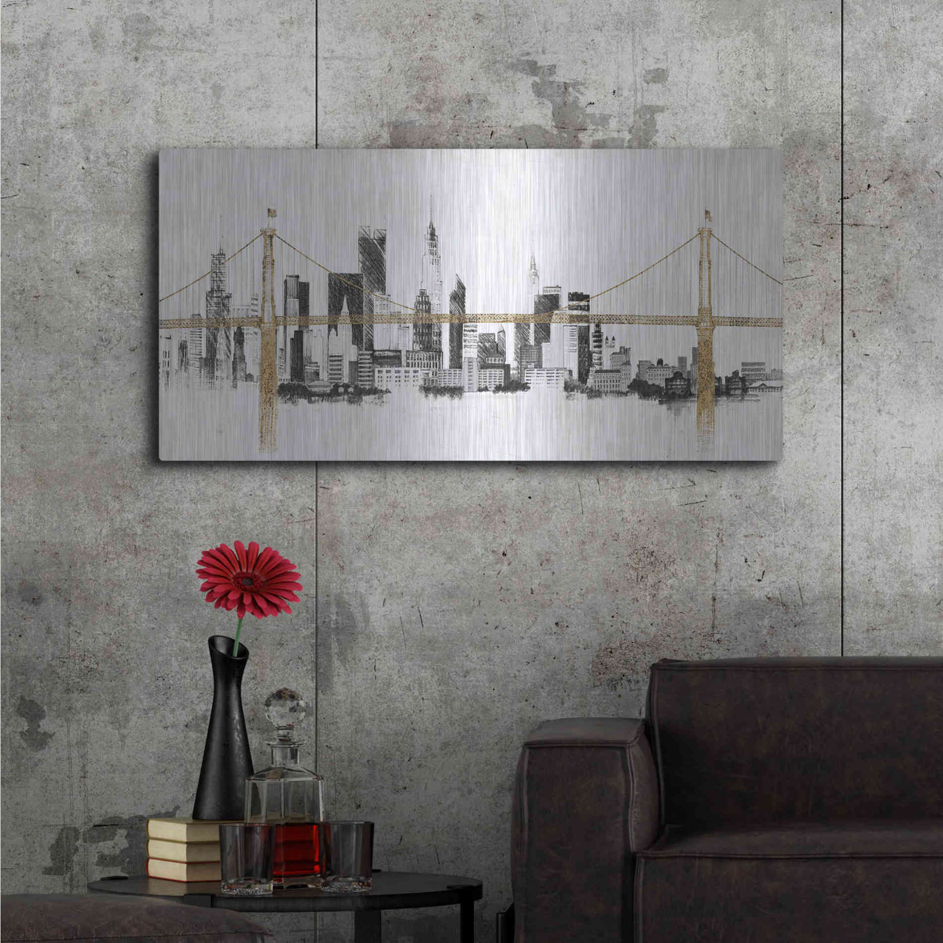 Luxe Metal Art 'Bridge And Skyline' by Avery Tillmon, Metal Wall Art,48x24