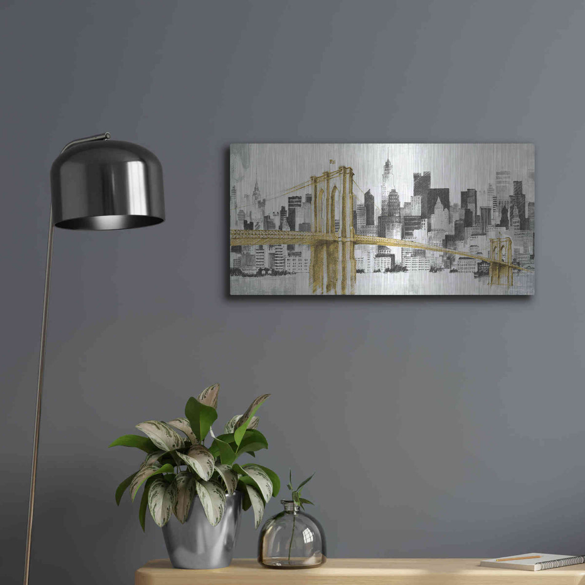 Luxe Metal Art 'New York Skyline I Yellow Bridge' by Avery Tillmon, Metal Wall Art,24x12