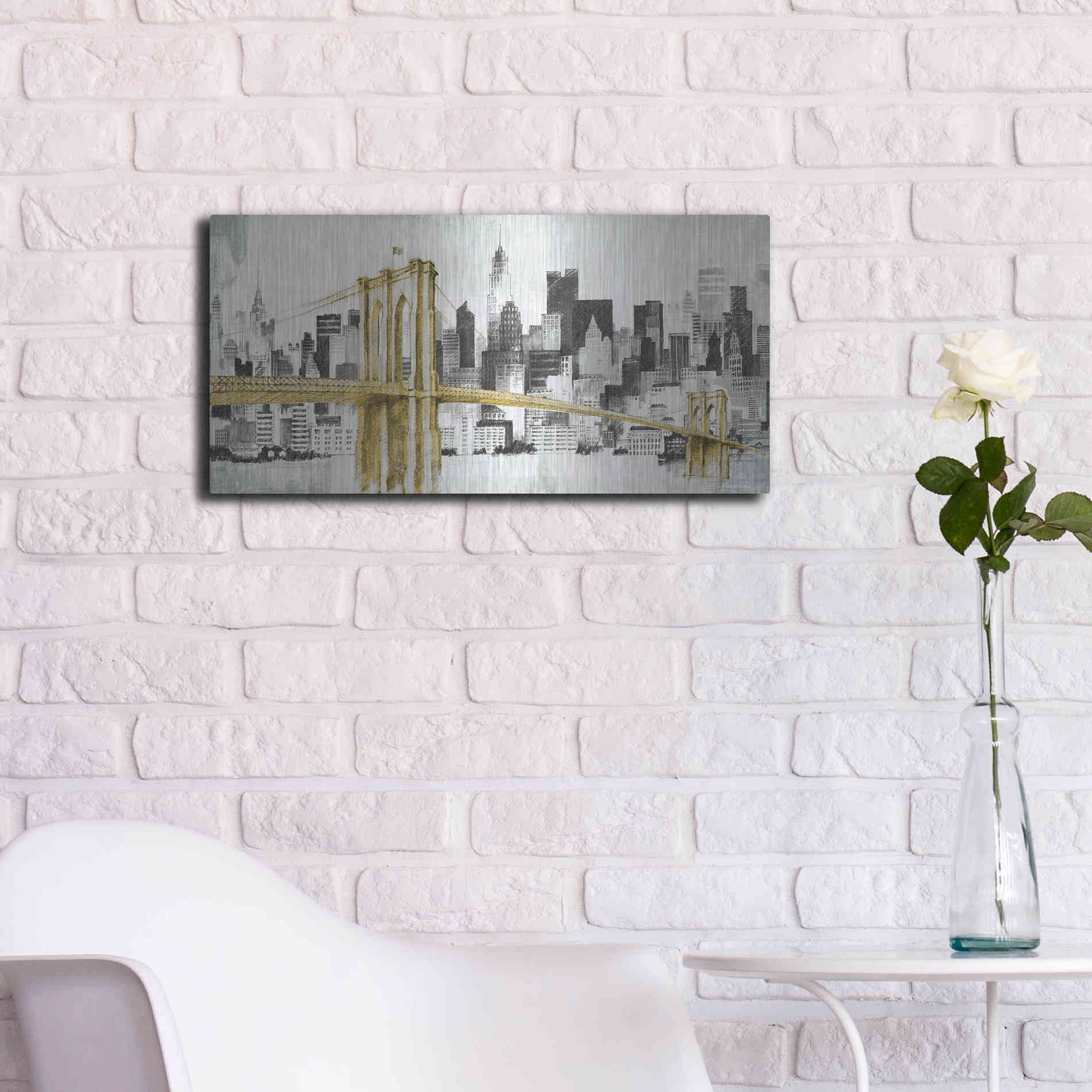 Luxe Metal Art 'New York Skyline I Yellow Bridge' by Avery Tillmon, Metal Wall Art,24x12