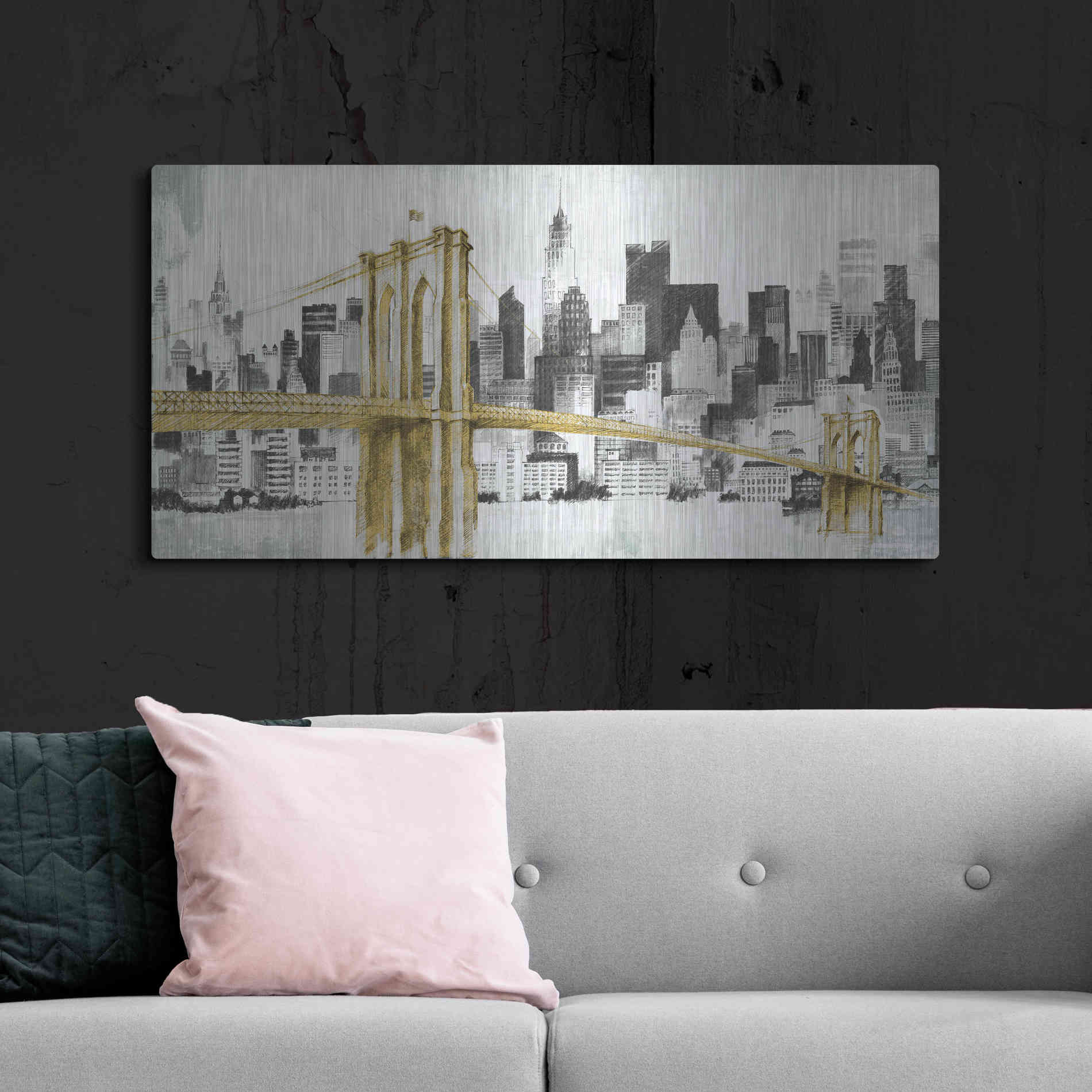 Luxe Metal Art 'New York Skyline I Yellow Bridge' by Avery Tillmon, Metal Wall Art,48x24