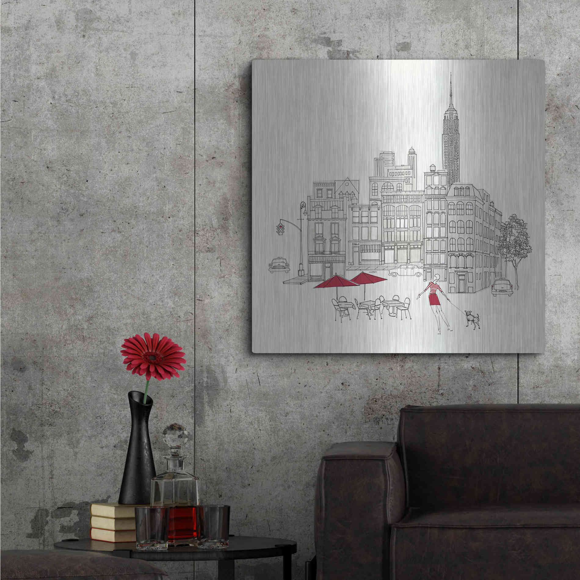 Luxe Metal Art 'World Cafe III NYC Red' by Avery Tillmon, Metal Wall Art,36x36