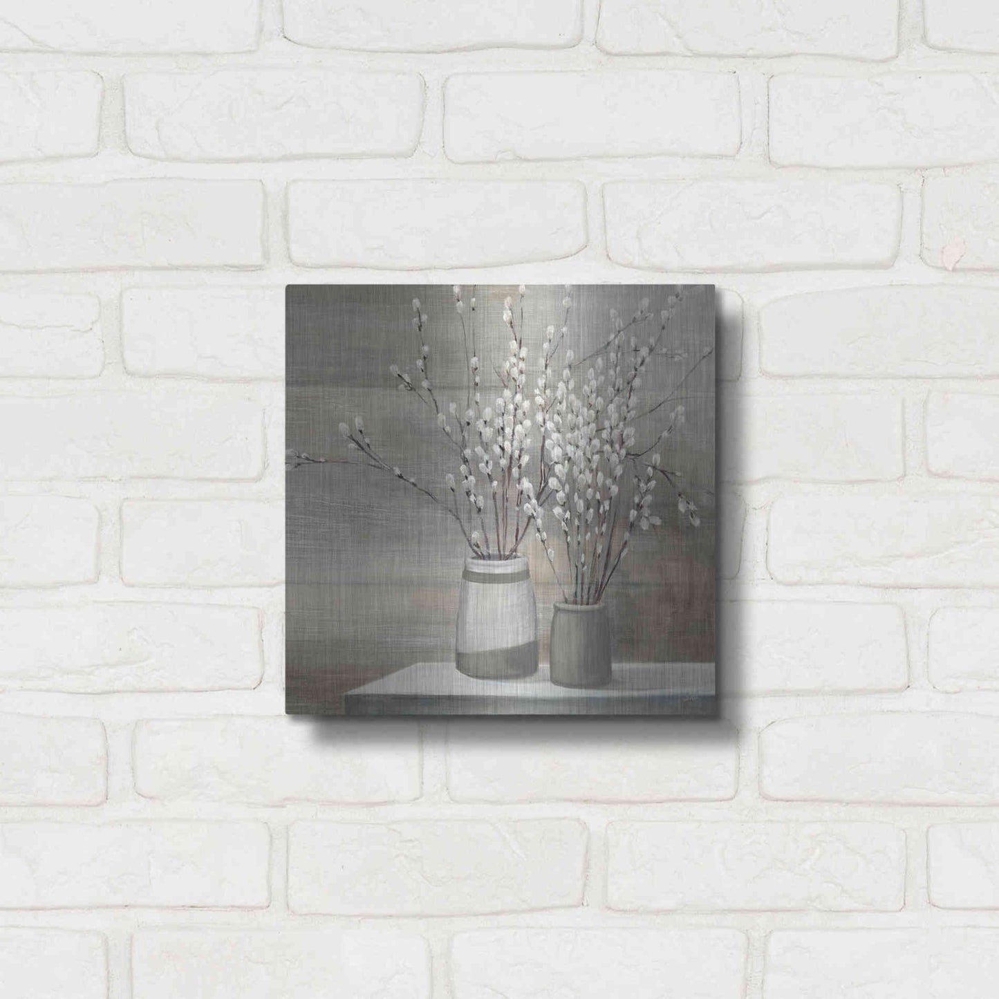 Luxe Metal Art 'Pussy Willow Still Life Gray Pots' by Julia Purinton, Metal Wall Art,12x12