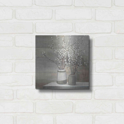 Luxe Metal Art 'Pussy Willow Still Life Gray Pots' by Julia Purinton, Metal Wall Art,12x12