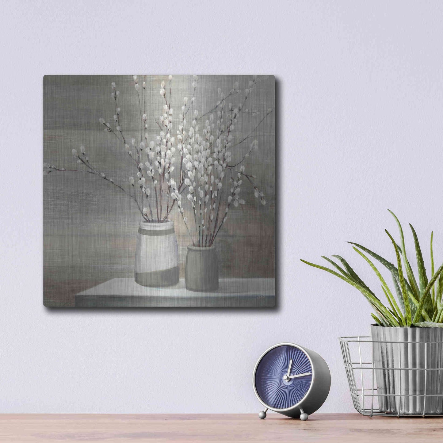 Luxe Metal Art 'Pussy Willow Still Life Gray Pots' by Julia Purinton, Metal Wall Art,12x12