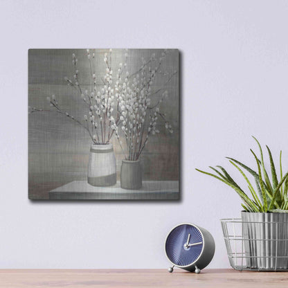 Luxe Metal Art 'Pussy Willow Still Life Gray Pots' by Julia Purinton, Metal Wall Art,12x12