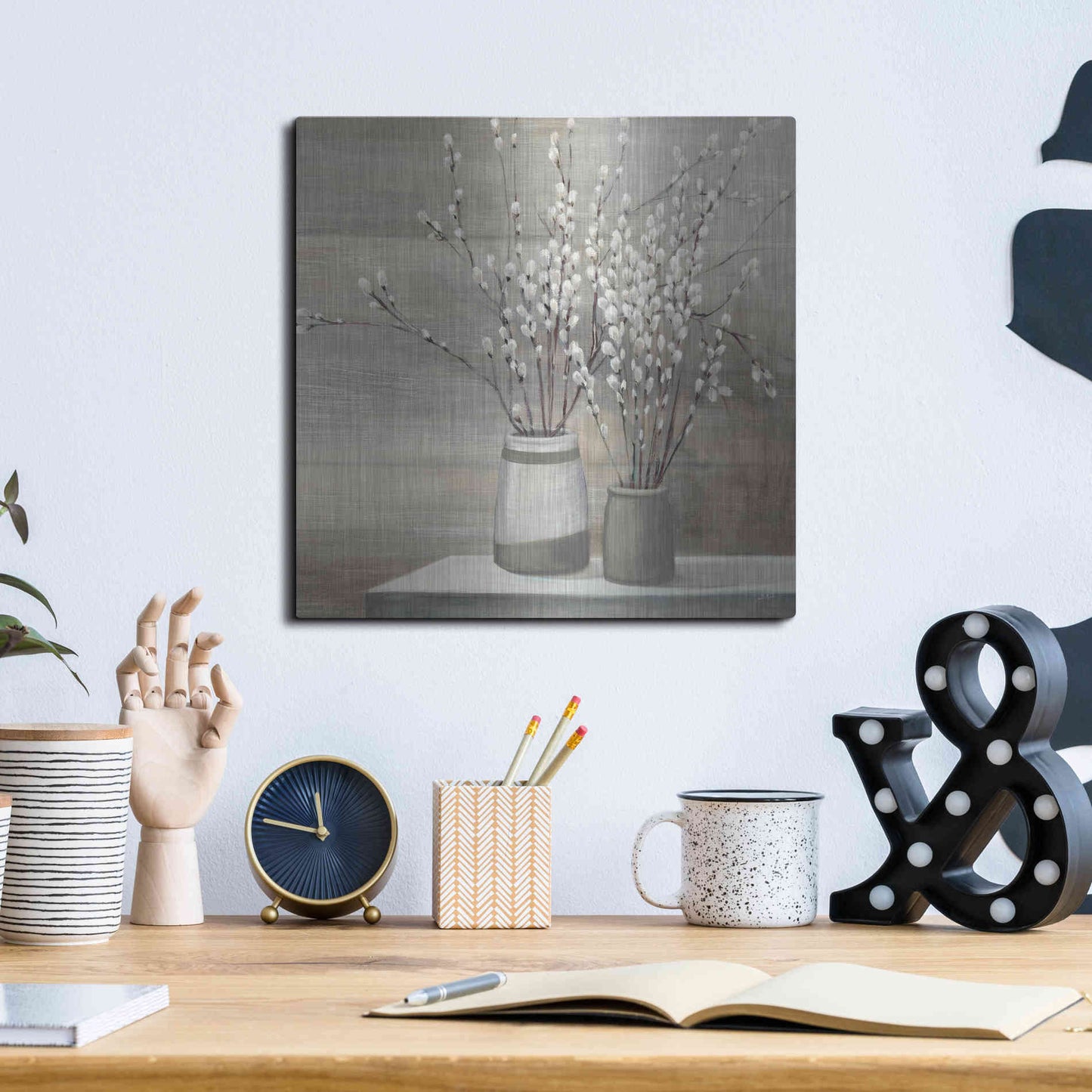 Luxe Metal Art 'Pussy Willow Still Life Gray Pots' by Julia Purinton, Metal Wall Art,12x12