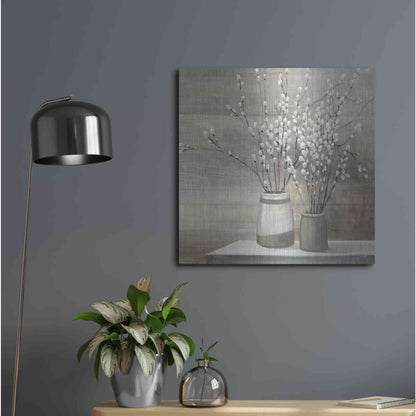 Luxe Metal Art 'Pussy Willow Still Life Gray Pots' by Julia Purinton, Metal Wall Art,24x24