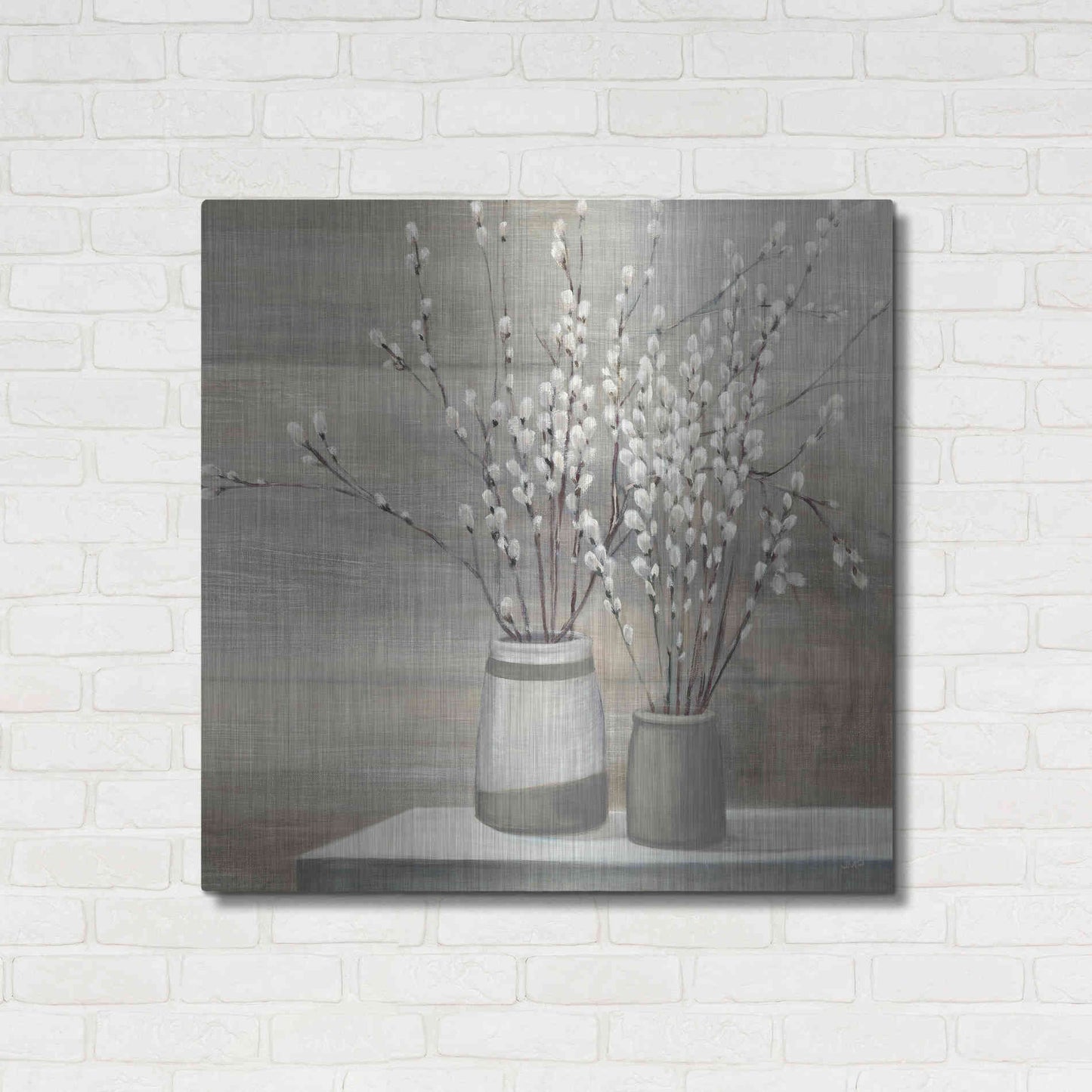 Luxe Metal Art 'Pussy Willow Still Life Gray Pots' by Julia Purinton, Metal Wall Art,36x36