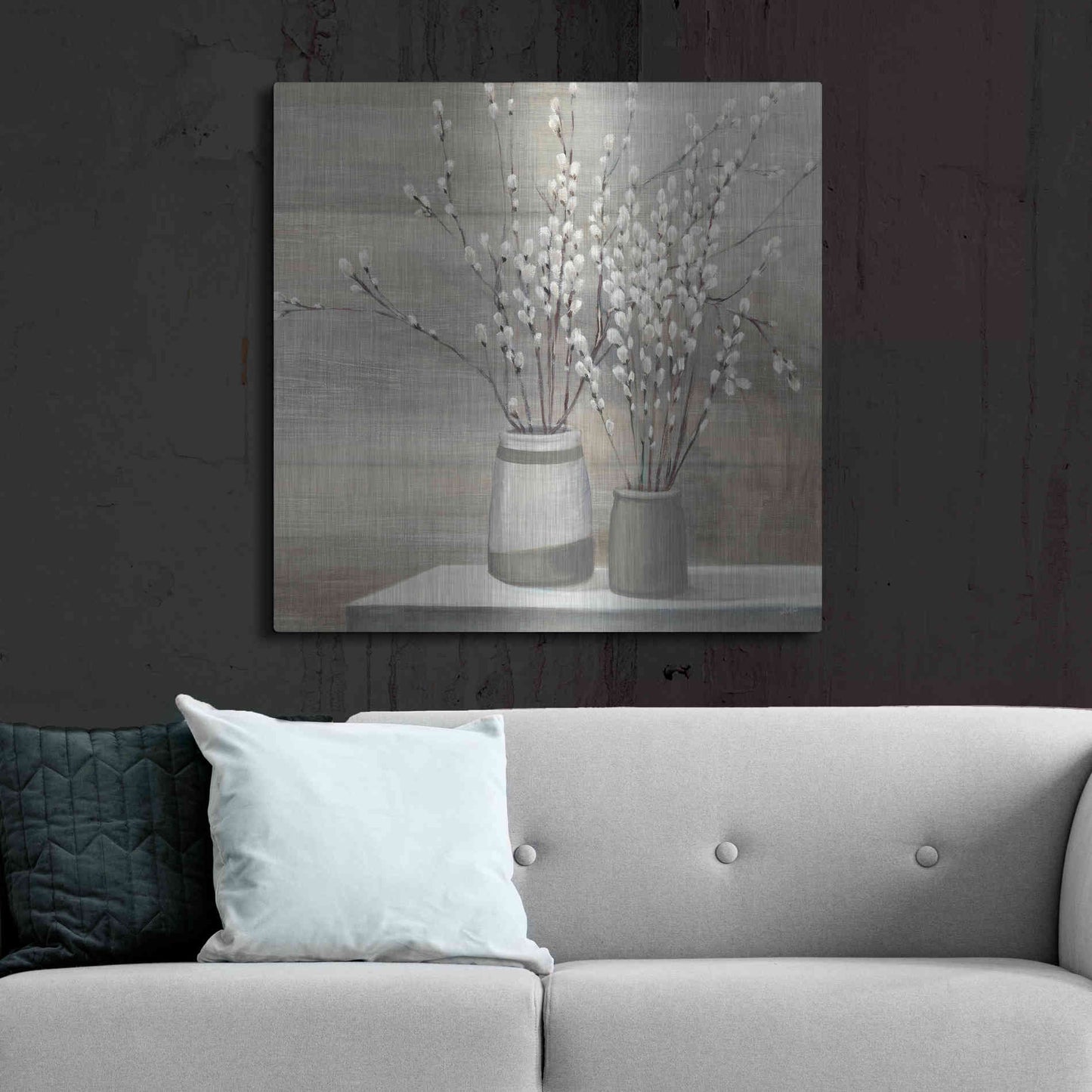 Luxe Metal Art 'Pussy Willow Still Life Gray Pots' by Julia Purinton, Metal Wall Art,36x36