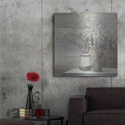 Luxe Metal Art 'Pussy Willow Still Life Gray Pots' by Julia Purinton, Metal Wall Art,36x36