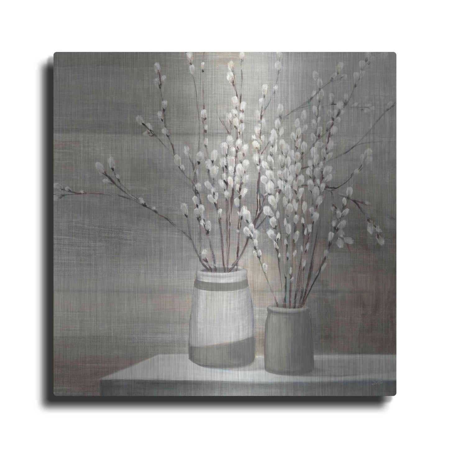 Luxe Metal Art 'Pussy Willow Still Life Gray Pots' by Julia Purinton, Metal Wall Art