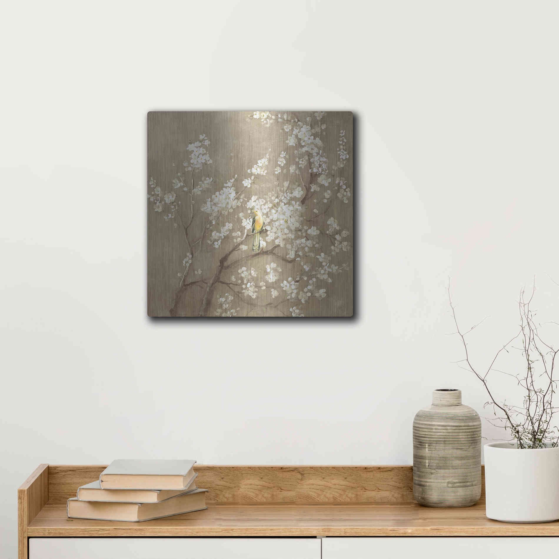 Luxe Metal Art 'White Cherry Blossom I Neutral' by Danhui Nai, Metal Wall Art,12x12