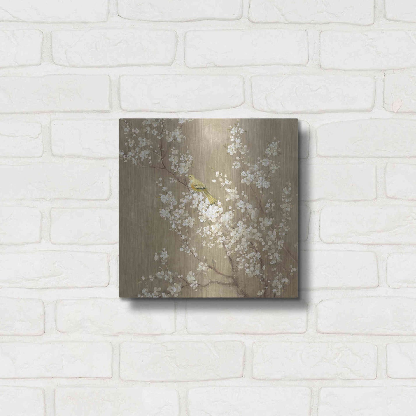 Luxe Metal Art 'White Cherry Blossom II Neutral' by Danhui Nai, Metal Wall Art,12x12