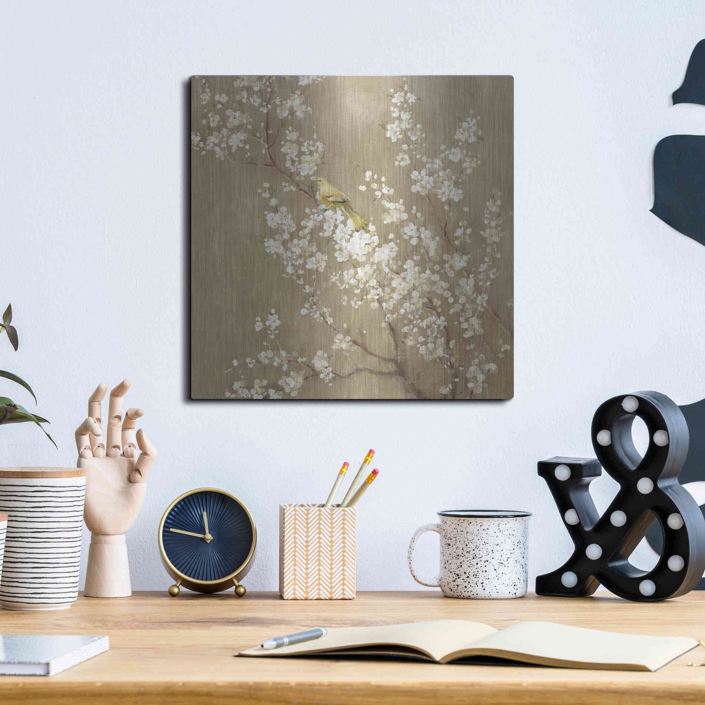 Luxe Metal Art 'White Cherry Blossom II Neutral' by Danhui Nai, Metal Wall Art,12x12