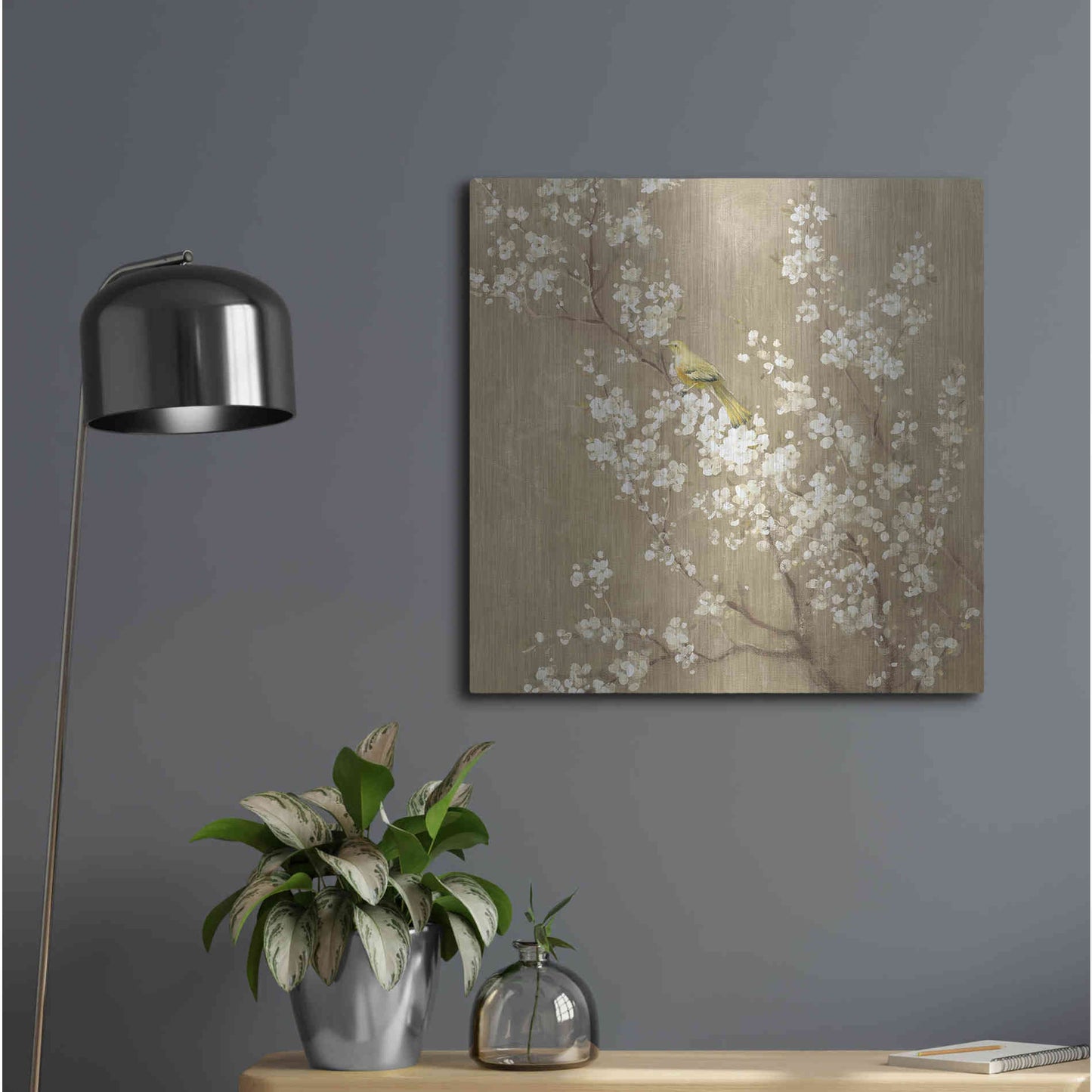 Luxe Metal Art 'White Cherry Blossom II Neutral' by Danhui Nai, Metal Wall Art,24x24