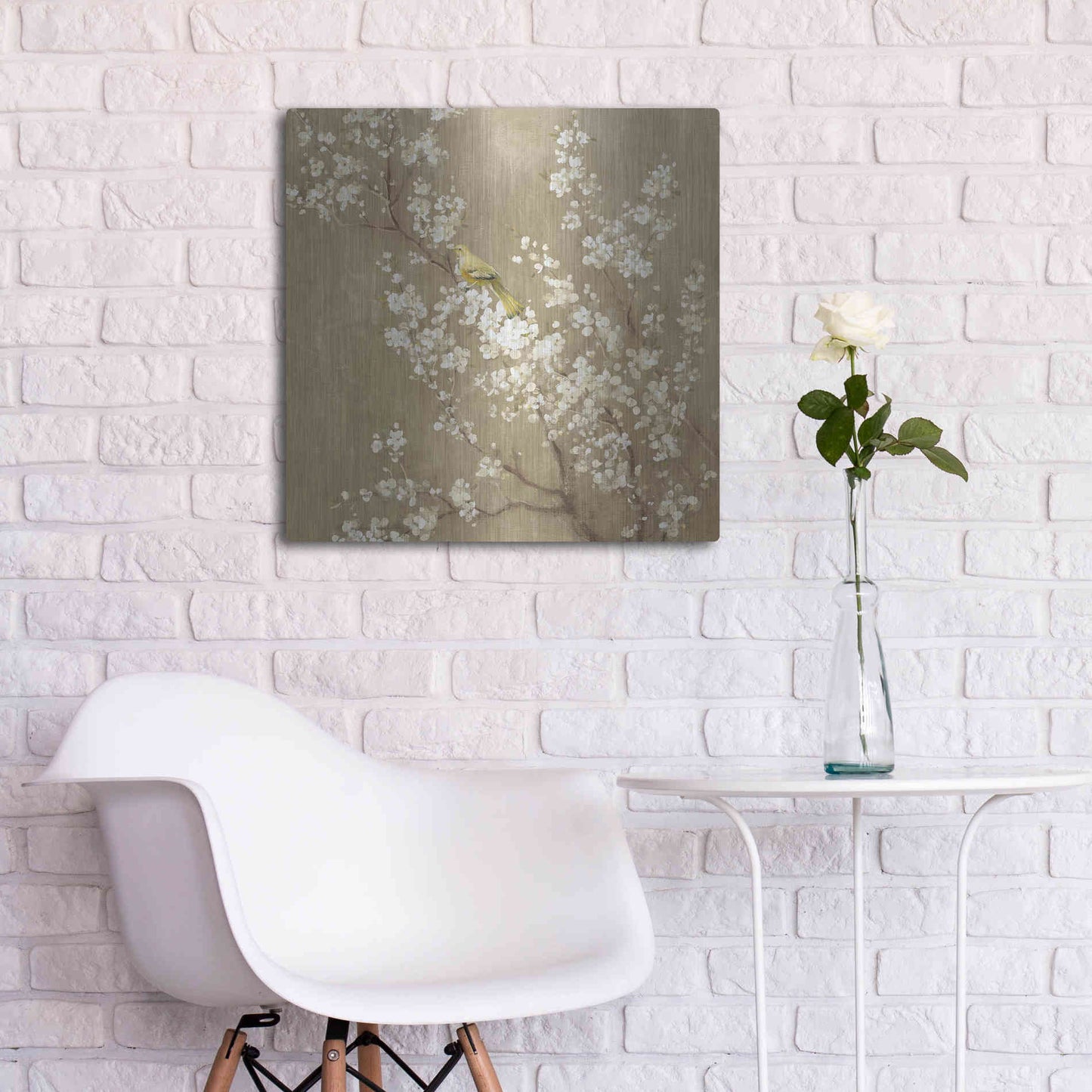 Luxe Metal Art 'White Cherry Blossom II Neutral' by Danhui Nai, Metal Wall Art,24x24