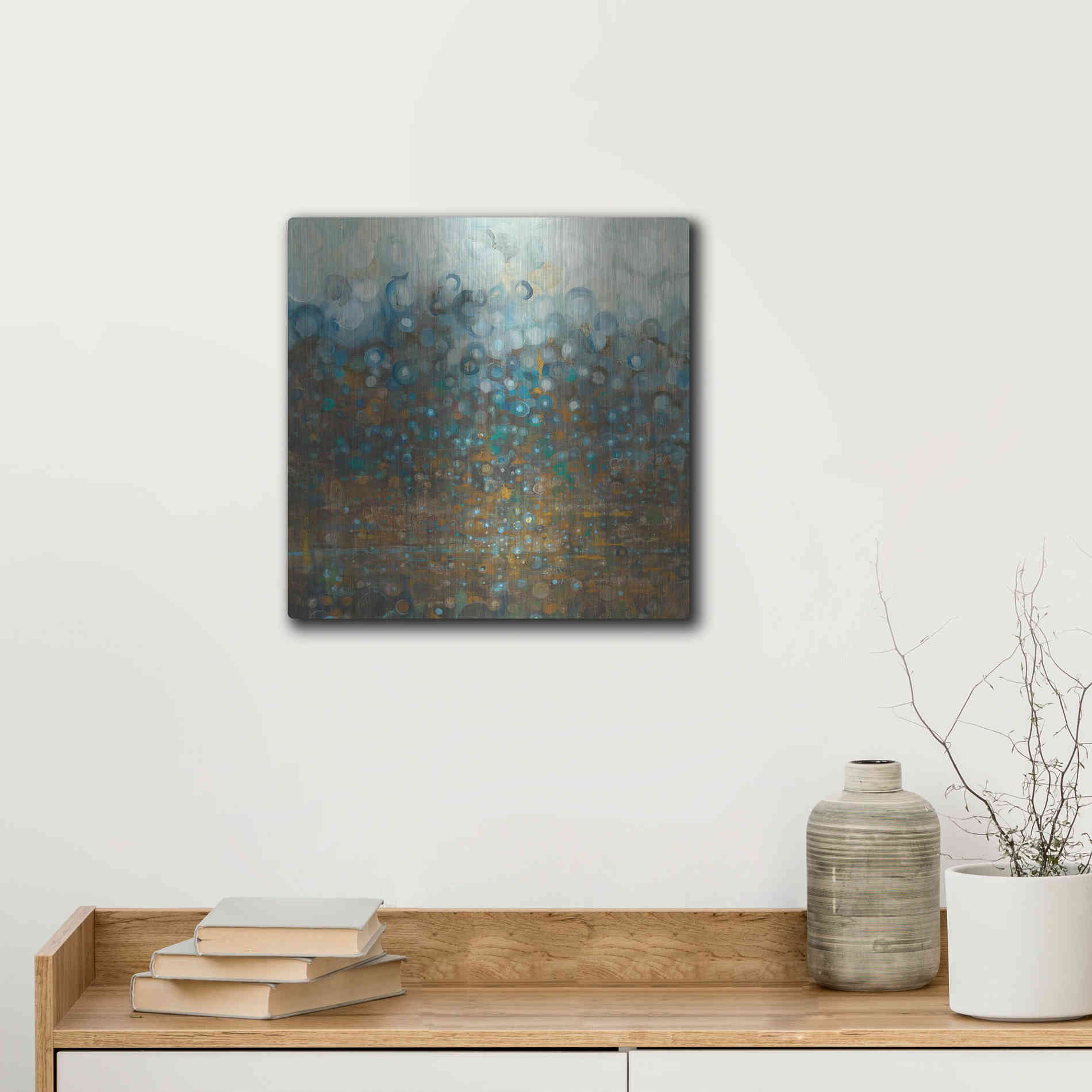 Luxe Metal Art 'Blue And Bronze Dots' by Danhui Nai, Metal Wall Art,12x12