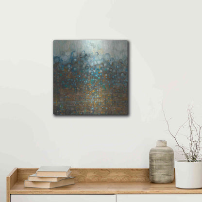 Luxe Metal Art 'Blue And Bronze Dots' by Danhui Nai, Metal Wall Art,12x12