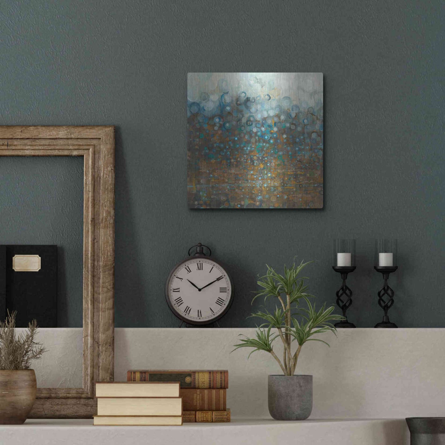 Luxe Metal Art 'Blue And Bronze Dots' by Danhui Nai, Metal Wall Art,12x12