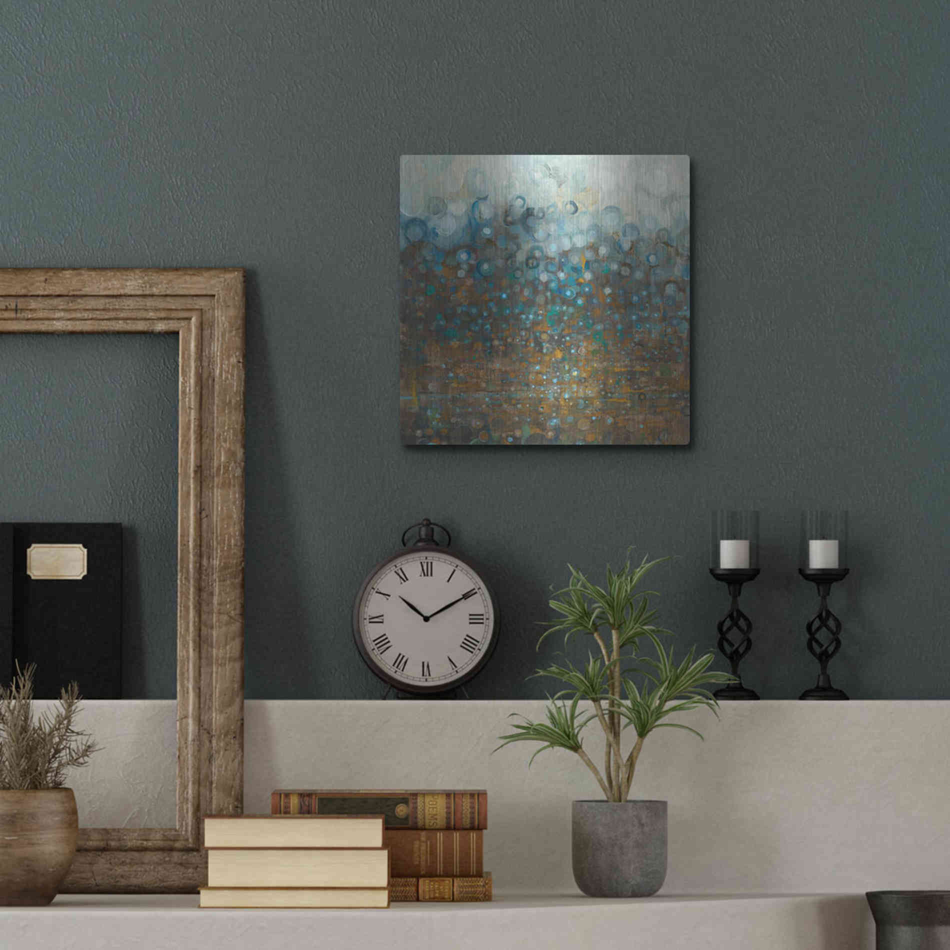 Luxe Metal Art 'Blue And Bronze Dots' by Danhui Nai, Metal Wall Art,12x12