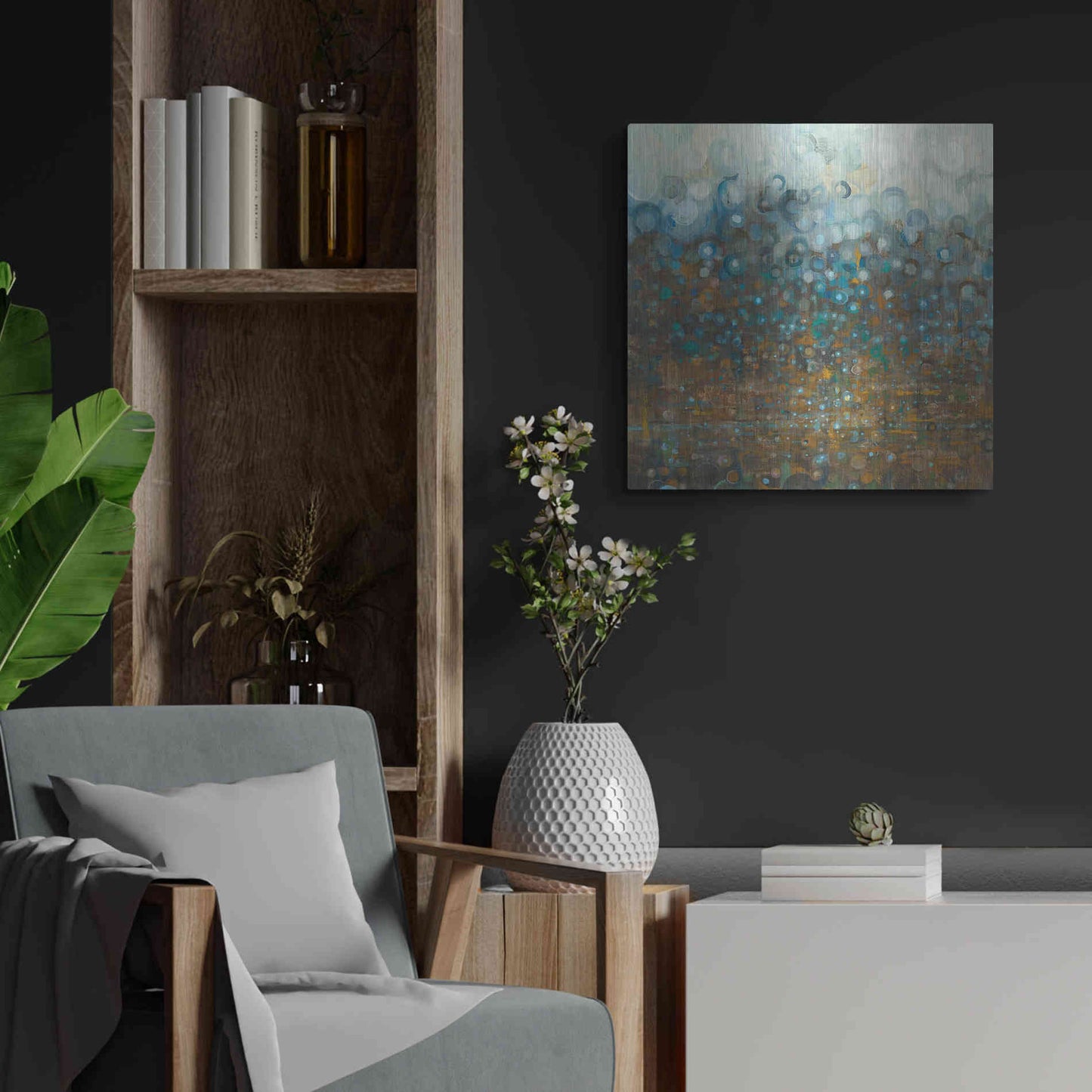 Luxe Metal Art 'Blue And Bronze Dots' by Danhui Nai, Metal Wall Art,24x24