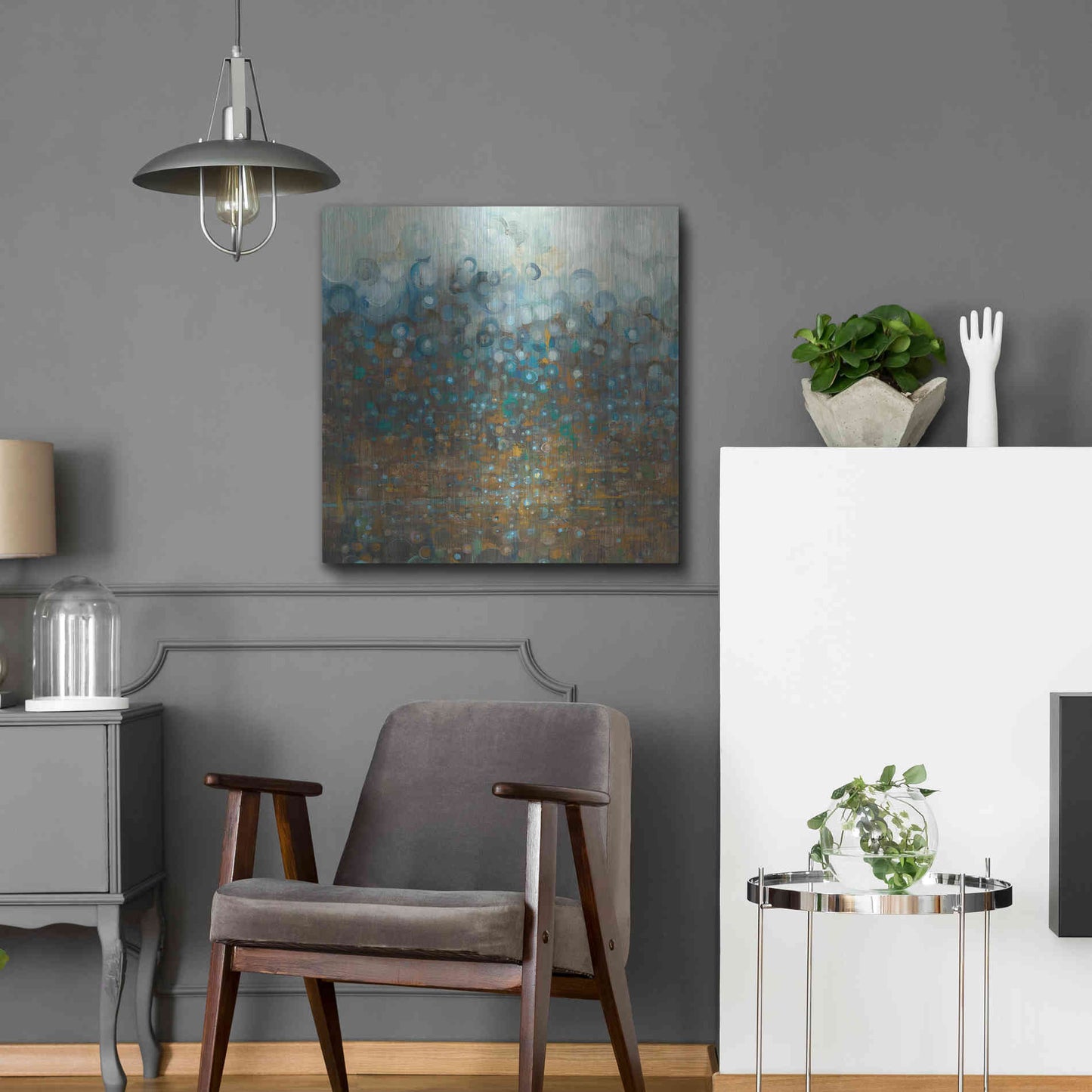 Luxe Metal Art 'Blue And Bronze Dots' by Danhui Nai, Metal Wall Art,24x24