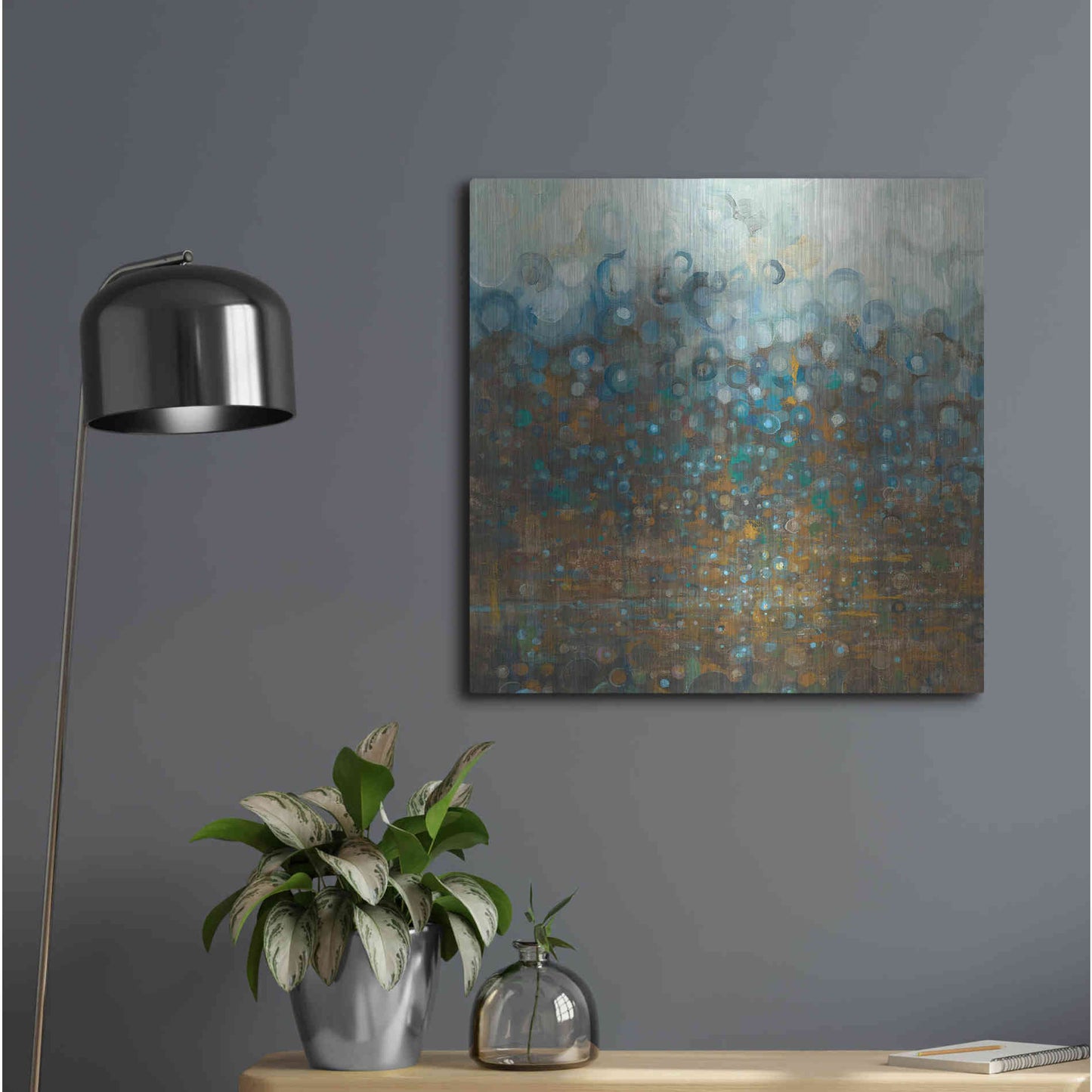 Luxe Metal Art 'Blue And Bronze Dots' by Danhui Nai, Metal Wall Art,24x24