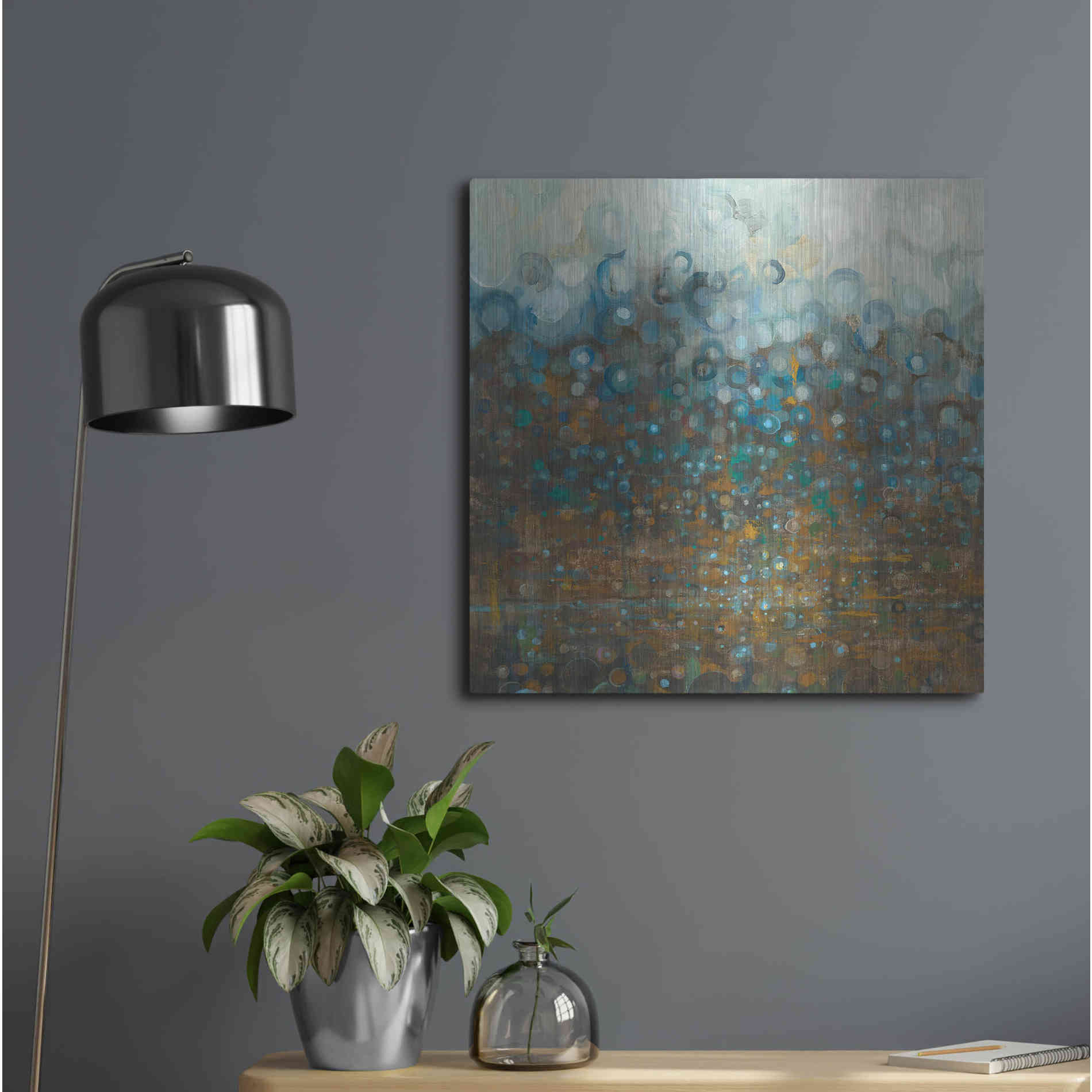 Luxe Metal Art 'Blue And Bronze Dots' by Danhui Nai, Metal Wall Art,24x24