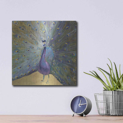 Luxe Metal Art 'Purple And Gold Peacock' by Danhui Nai, Metal Wall Art,12x12