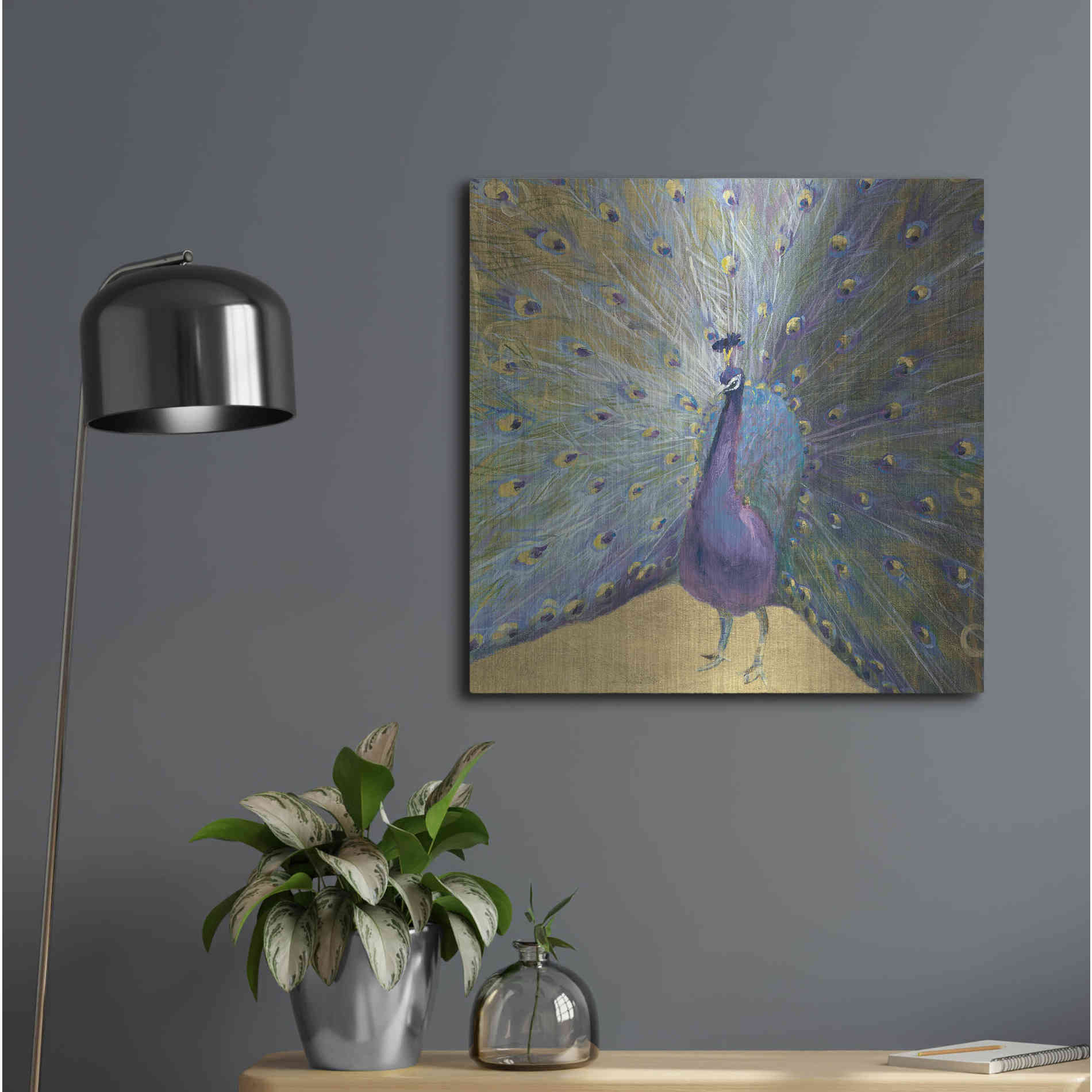 Luxe Metal Art 'Purple And Gold Peacock' by Danhui Nai, Metal Wall Art,24x24