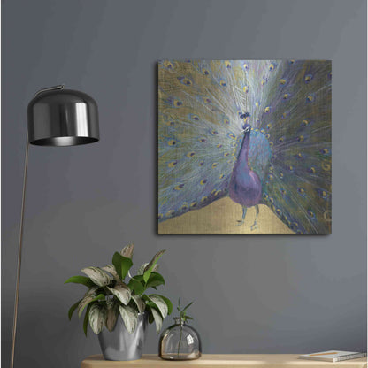 Luxe Metal Art 'Purple And Gold Peacock' by Danhui Nai, Metal Wall Art,24x24