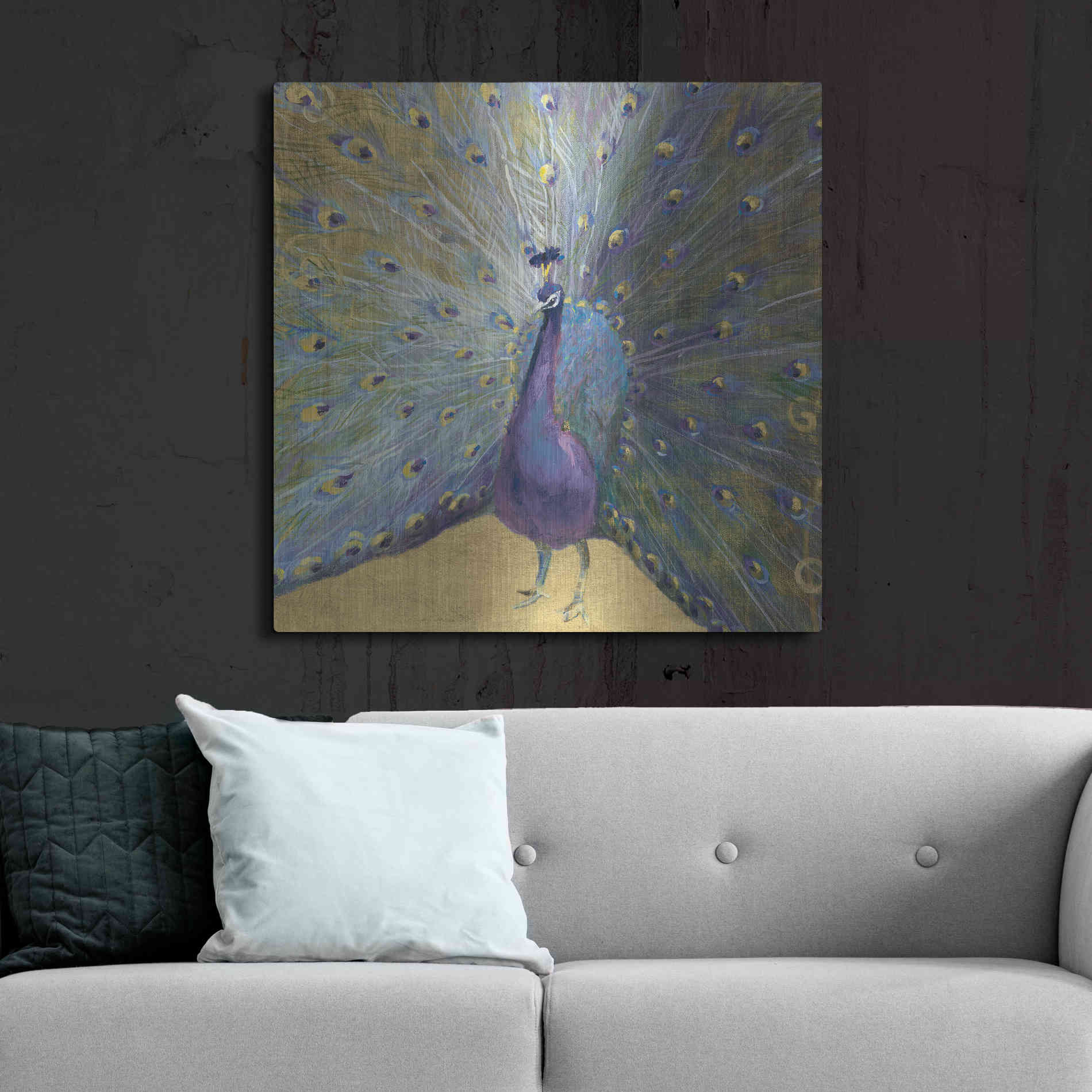 Luxe Metal Art 'Purple And Gold Peacock' by Danhui Nai, Metal Wall Art,36x36