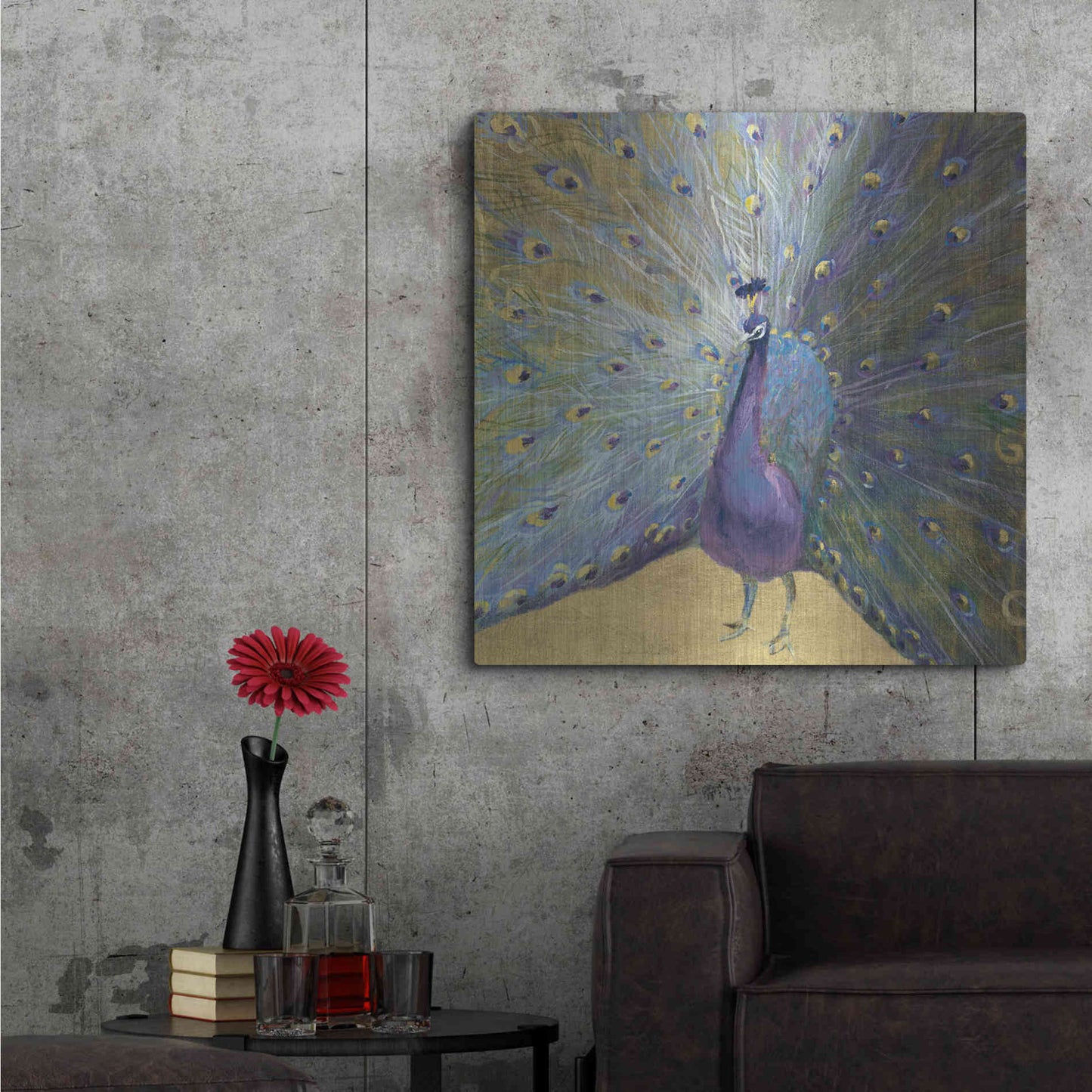 Luxe Metal Art 'Purple And Gold Peacock' by Danhui Nai, Metal Wall Art,36x36